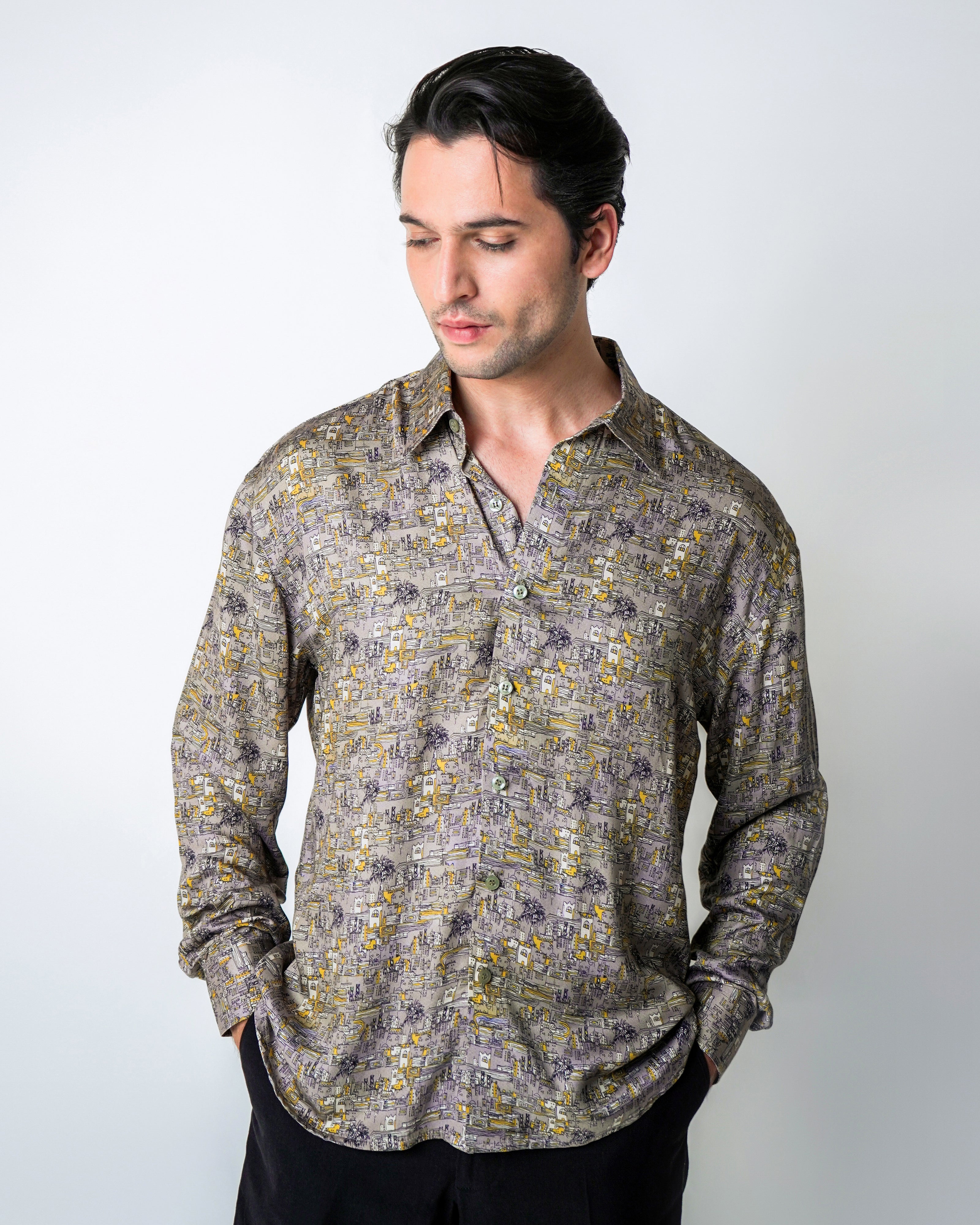 Sheher Grey and Yellow Printed Tencel Shirt