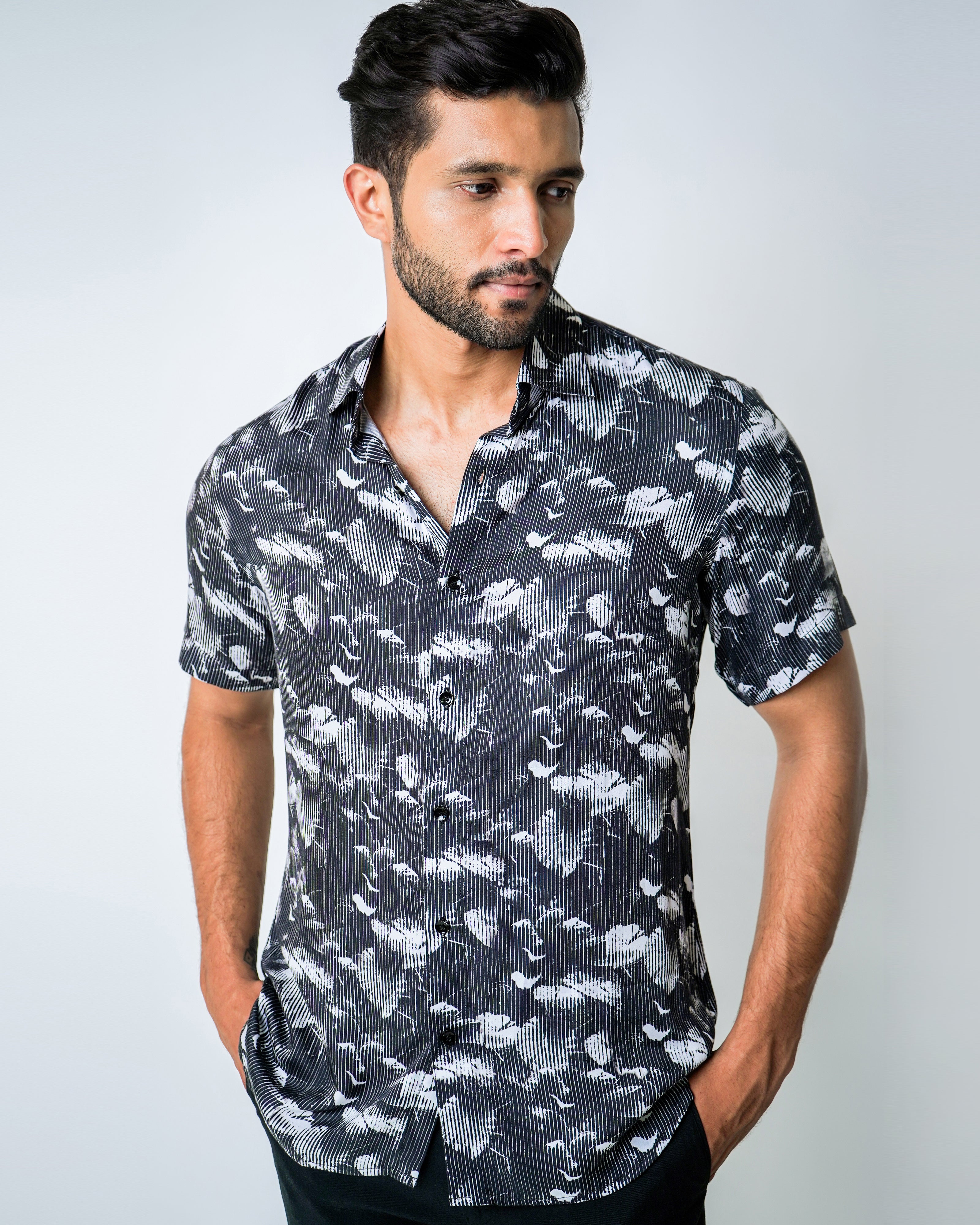 Black and White Tencel floral Stripe Shirt