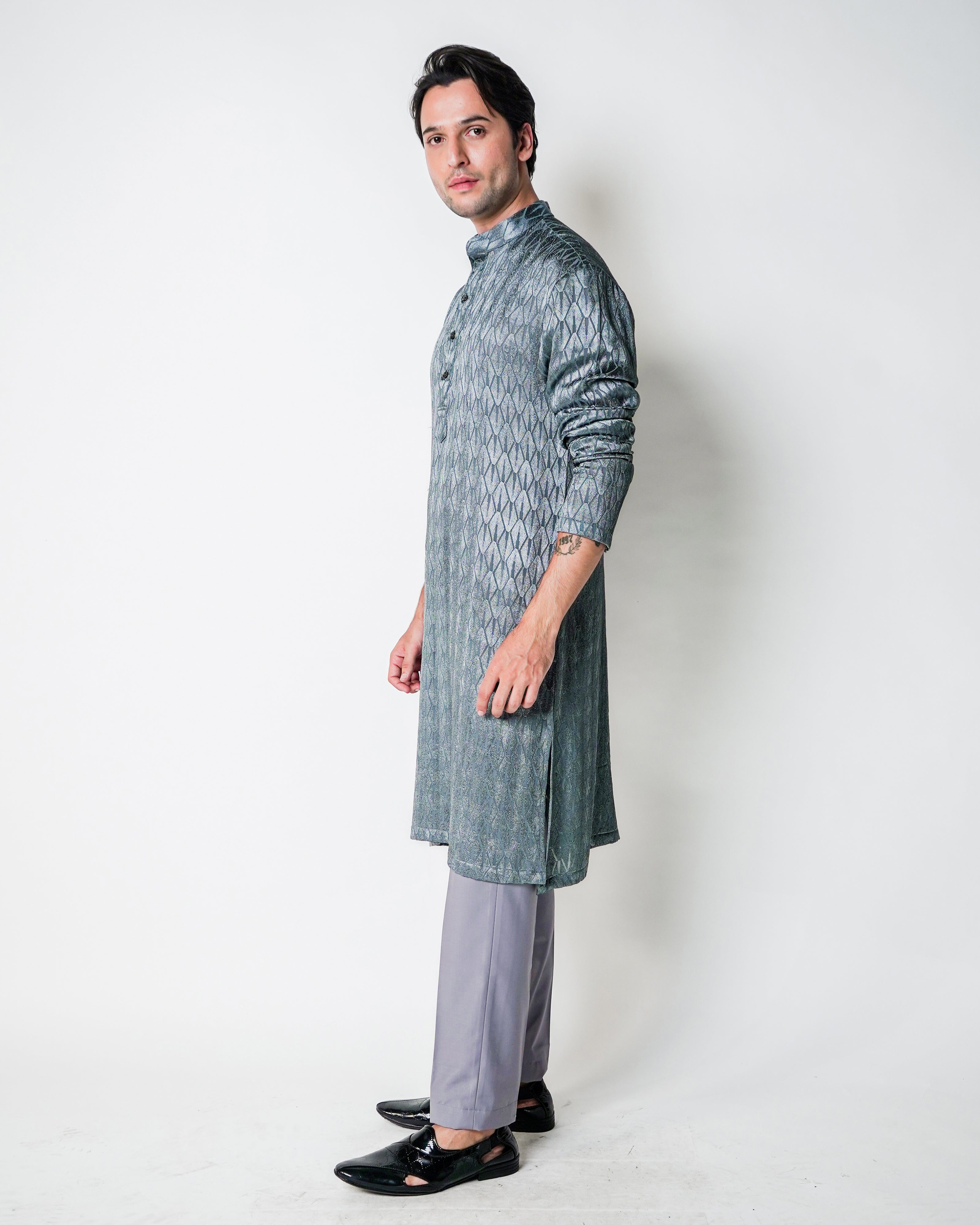 Metal Grey self Embroidered Silk Kurta Set
