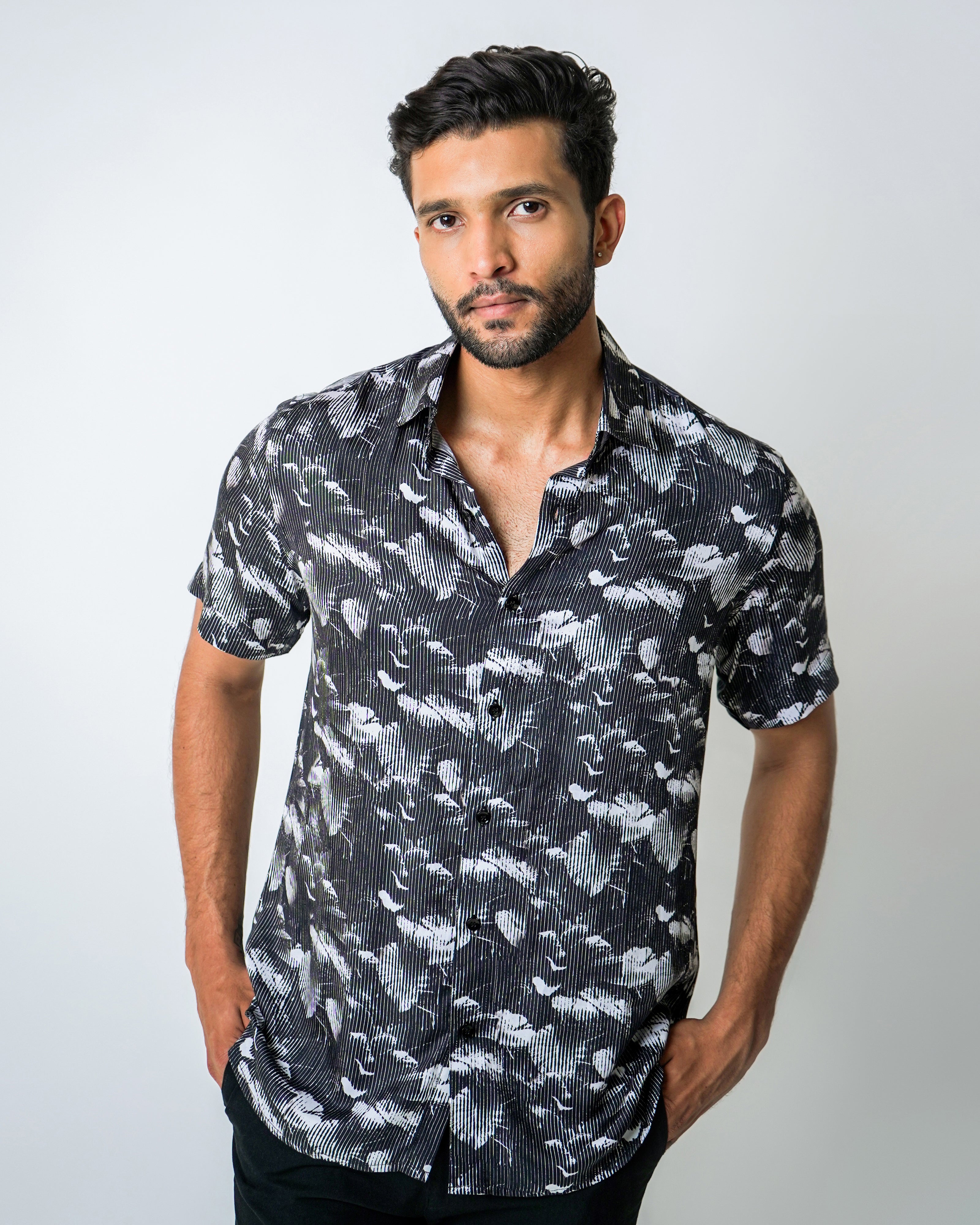 Black and White Tencel floral Stripe Shirt