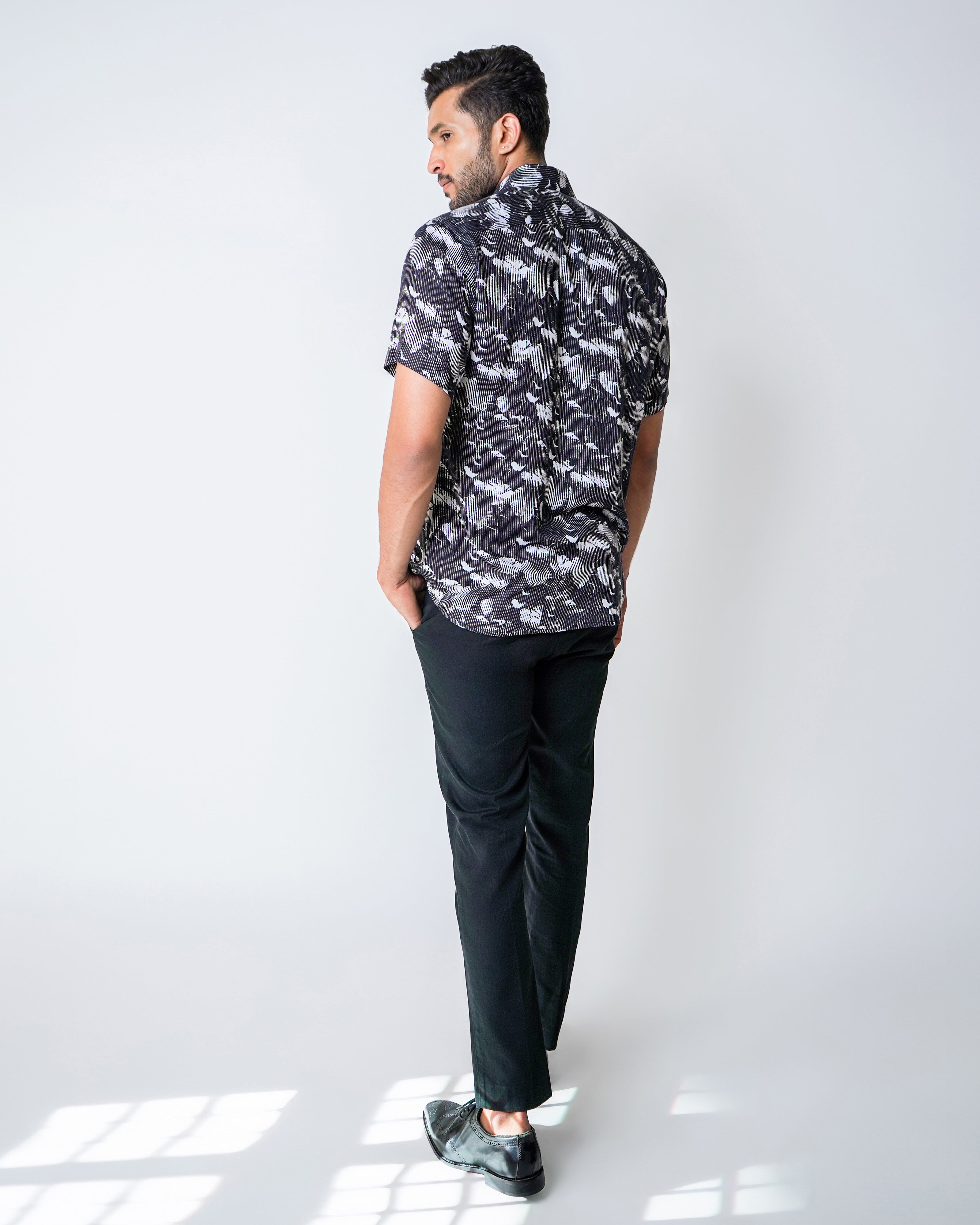 Black and White Tencel floral Stripe Shirt