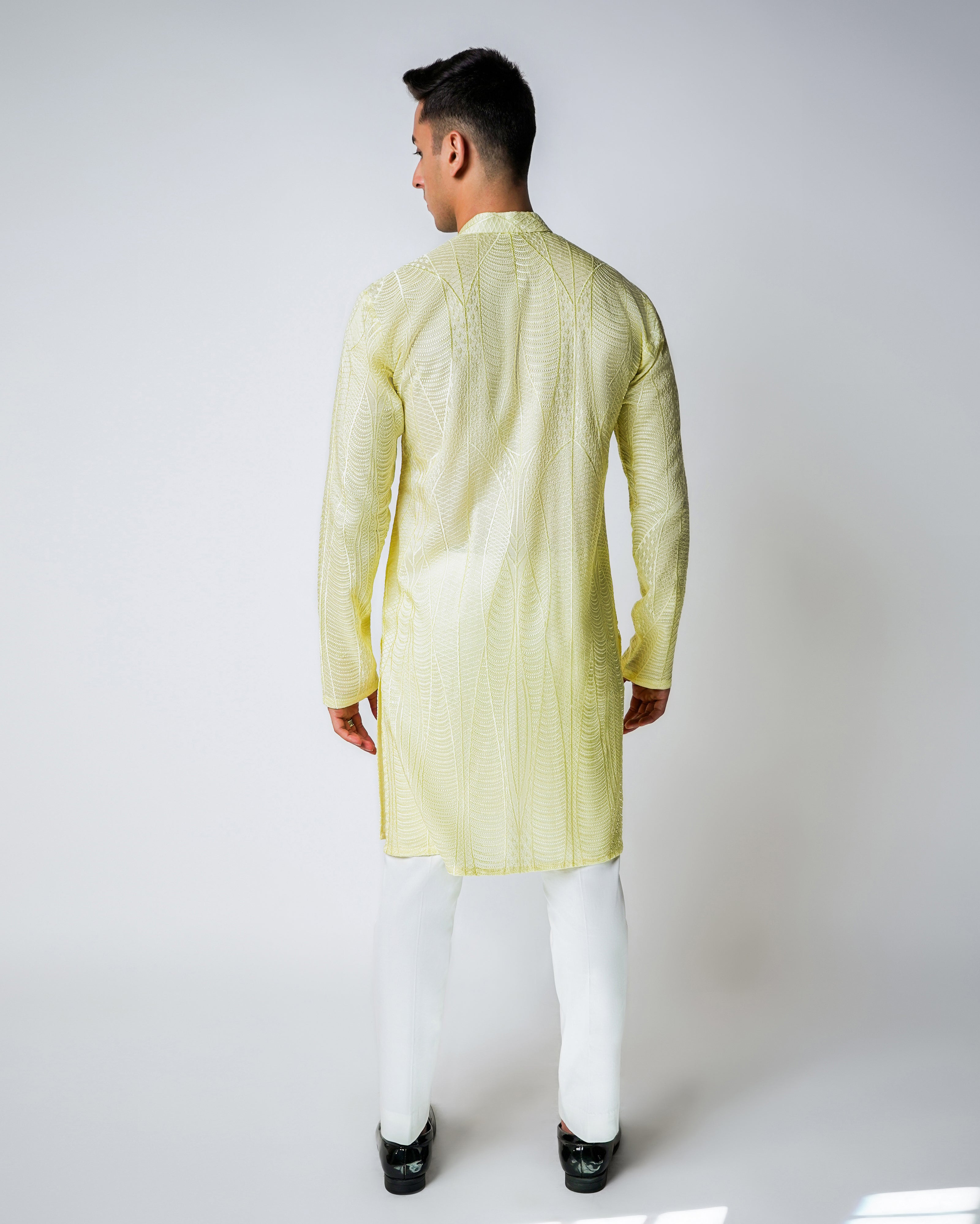 Lime Yellow Abstract Self Embroidered Silk Kurta Set