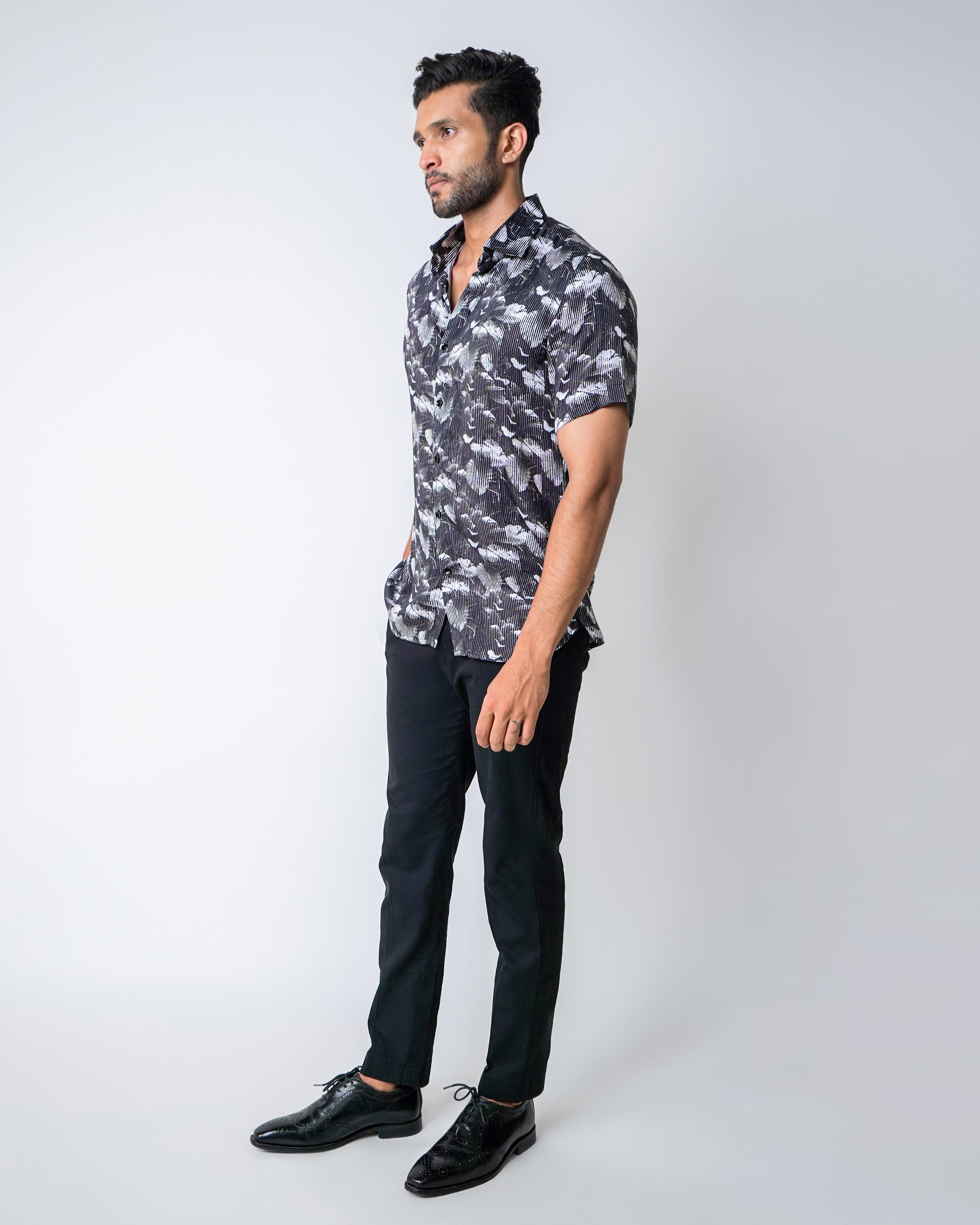 Black and White Tencel floral Stripe Shirt