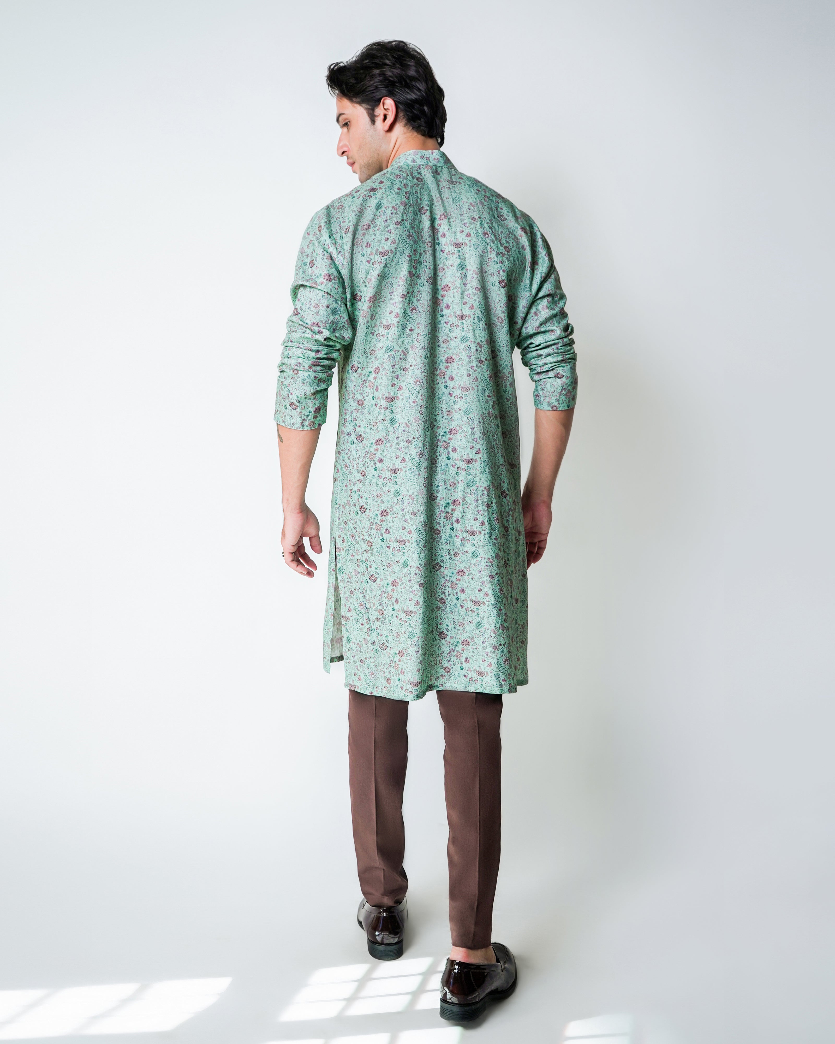 Green and pink Linen Floral printed kurta set