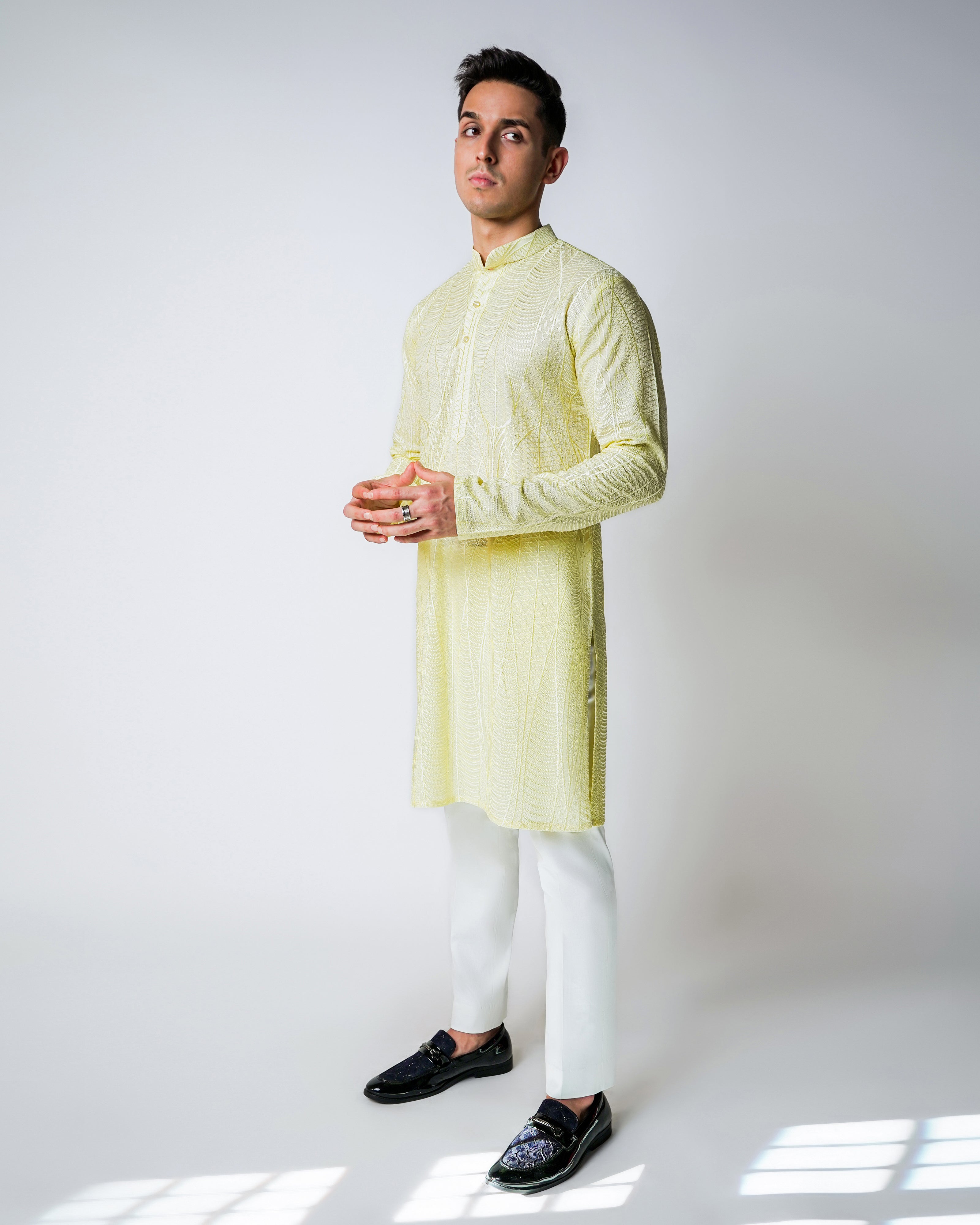 Lime Yellow Abstract Self Embroidered Silk Kurta Set