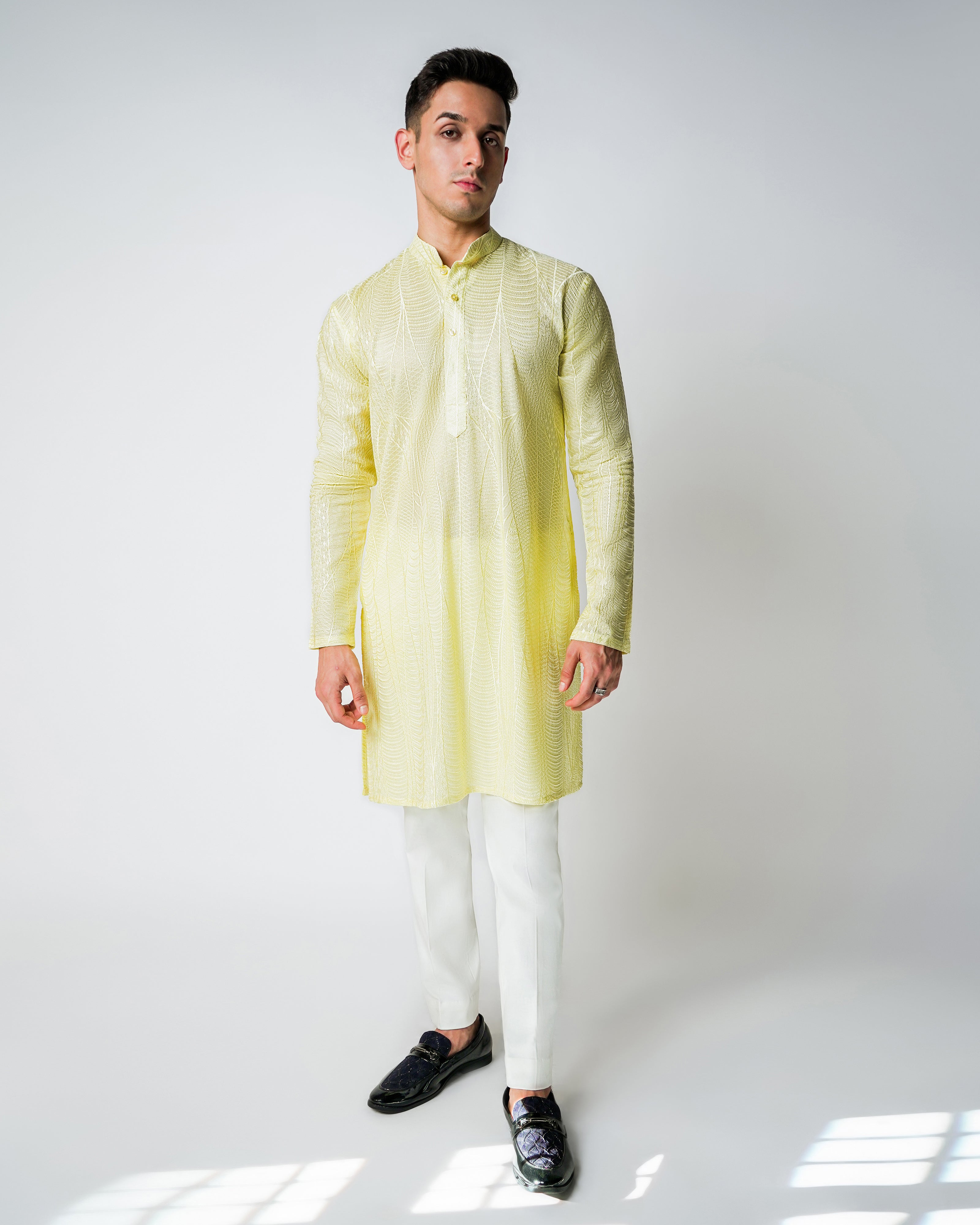 Lime Yellow Abstract Self Embroidered Silk Kurta Set
