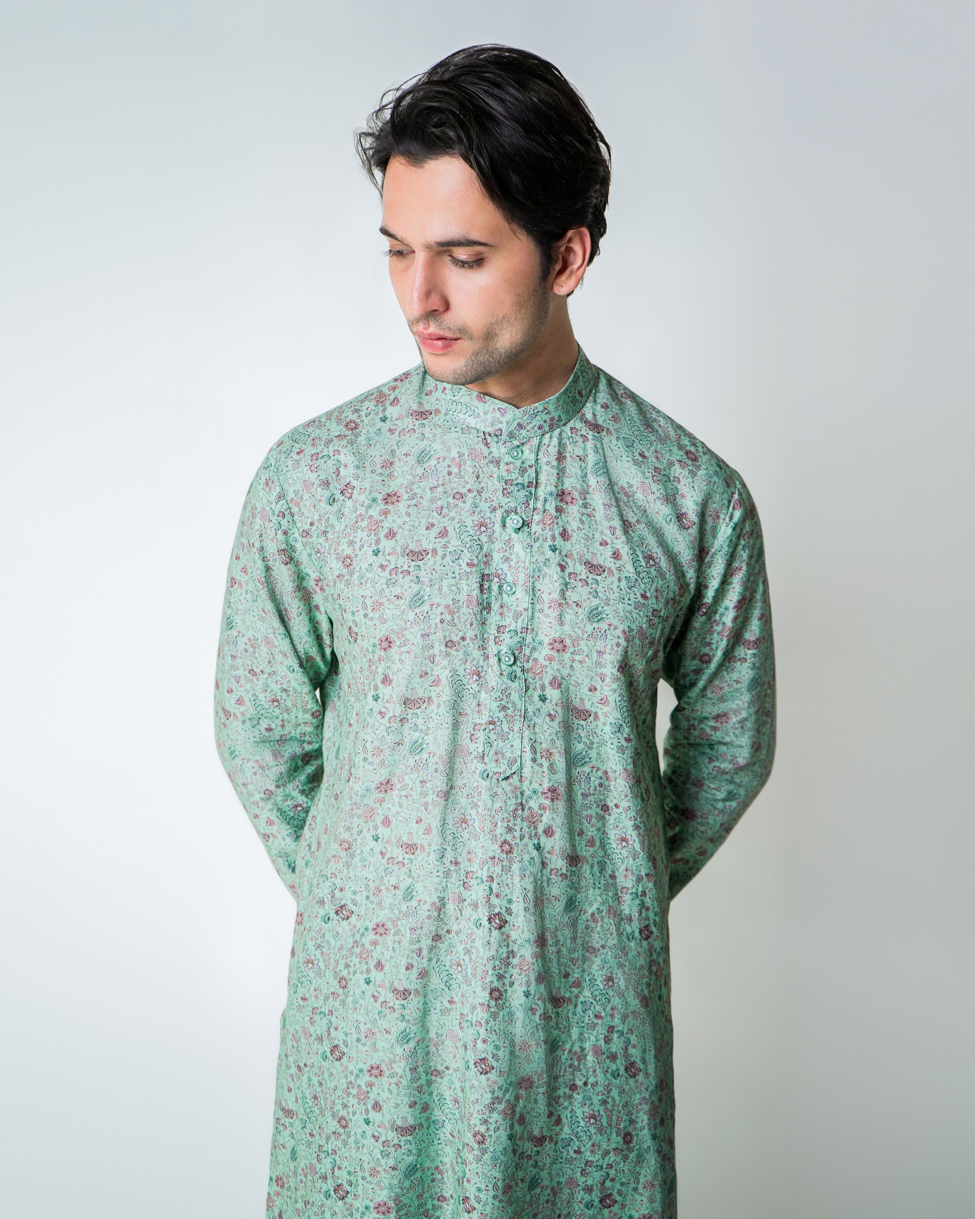 Green and pink Linen Floral printed kurta set