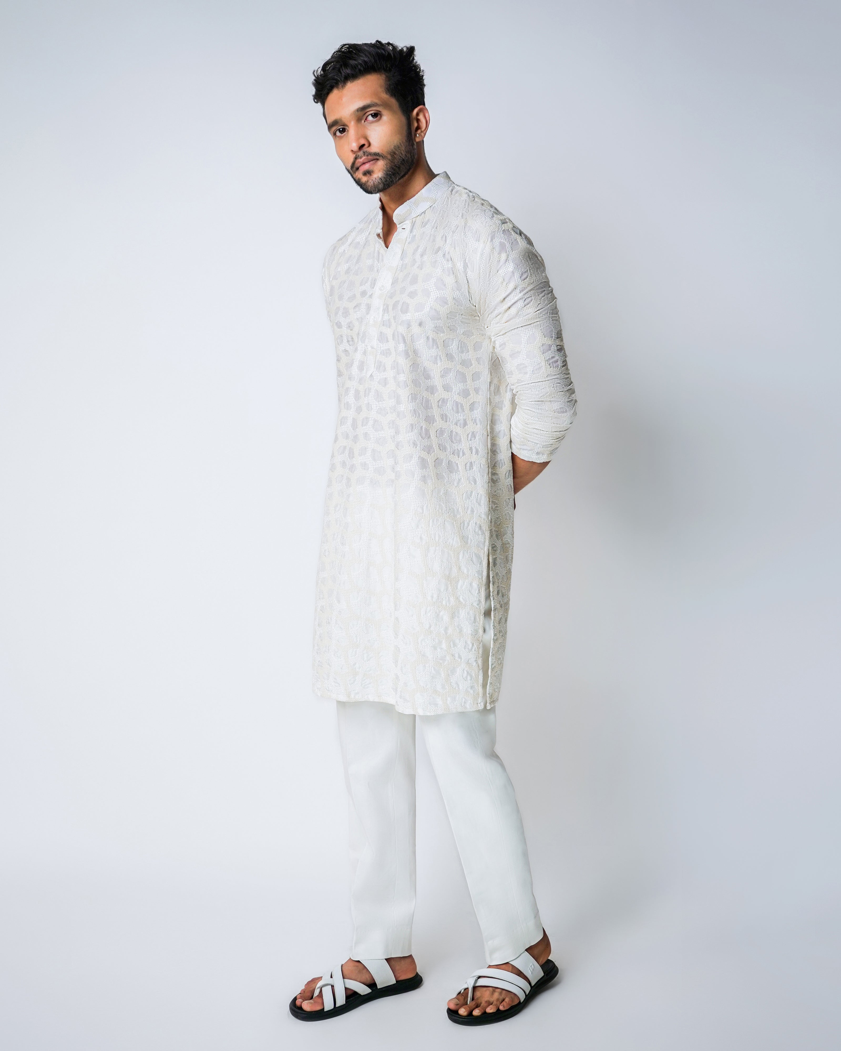 Ivory and Beige Geometric Self Embroidered Silk Kurta Set