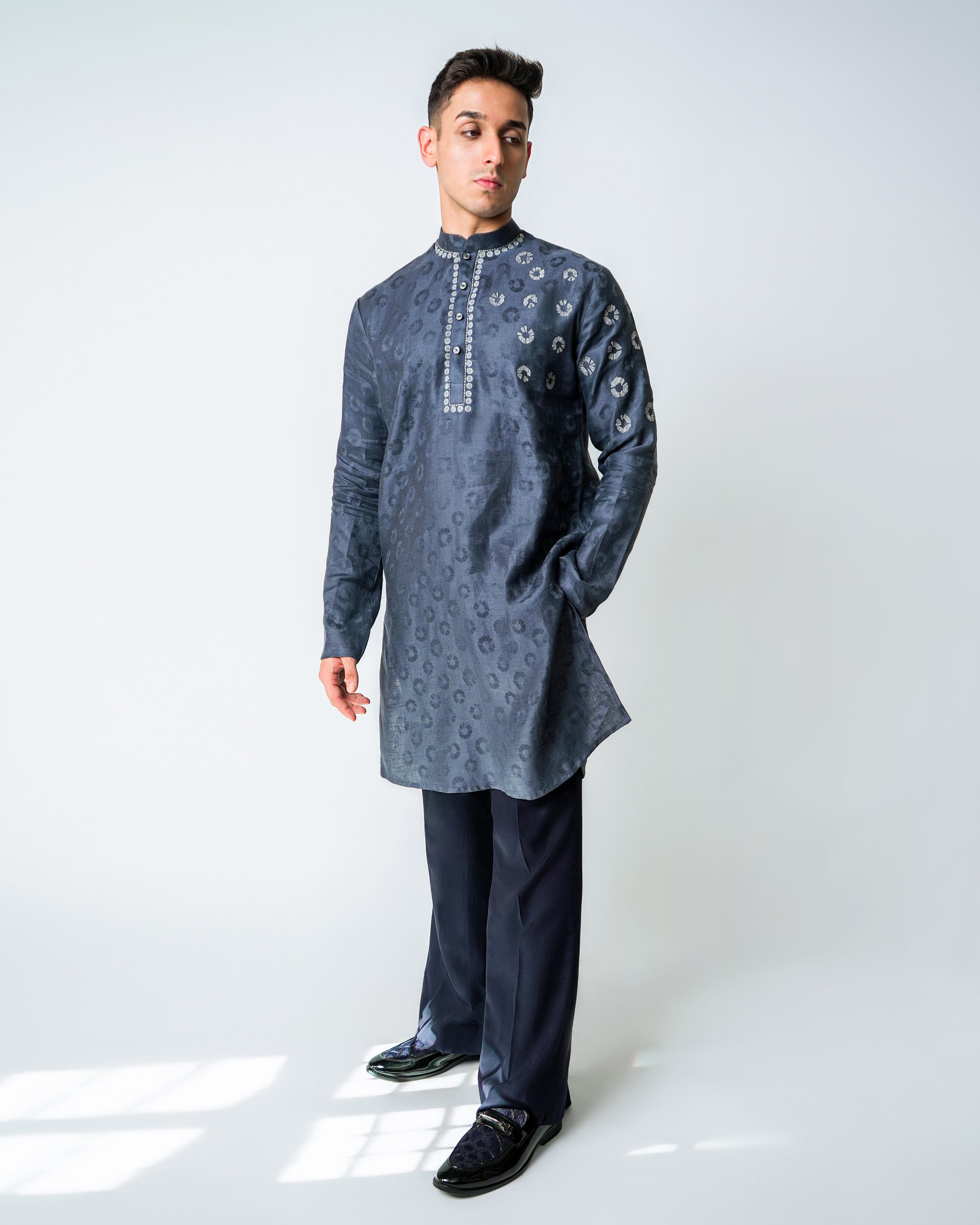 Dark Grey linen with silver metallic embroidery kurta set