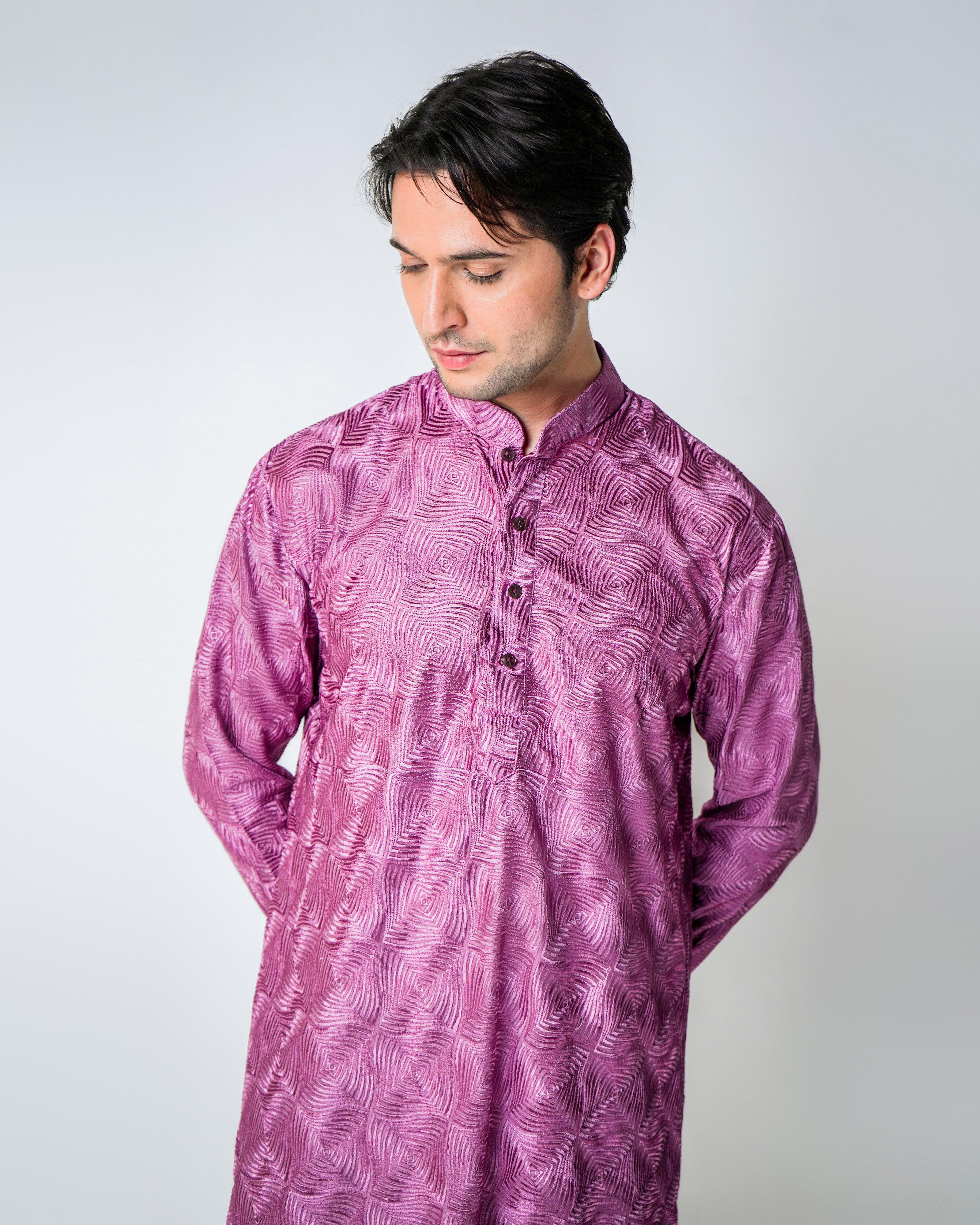 Purple Geometric Self Embroidered Silk Kurta Set