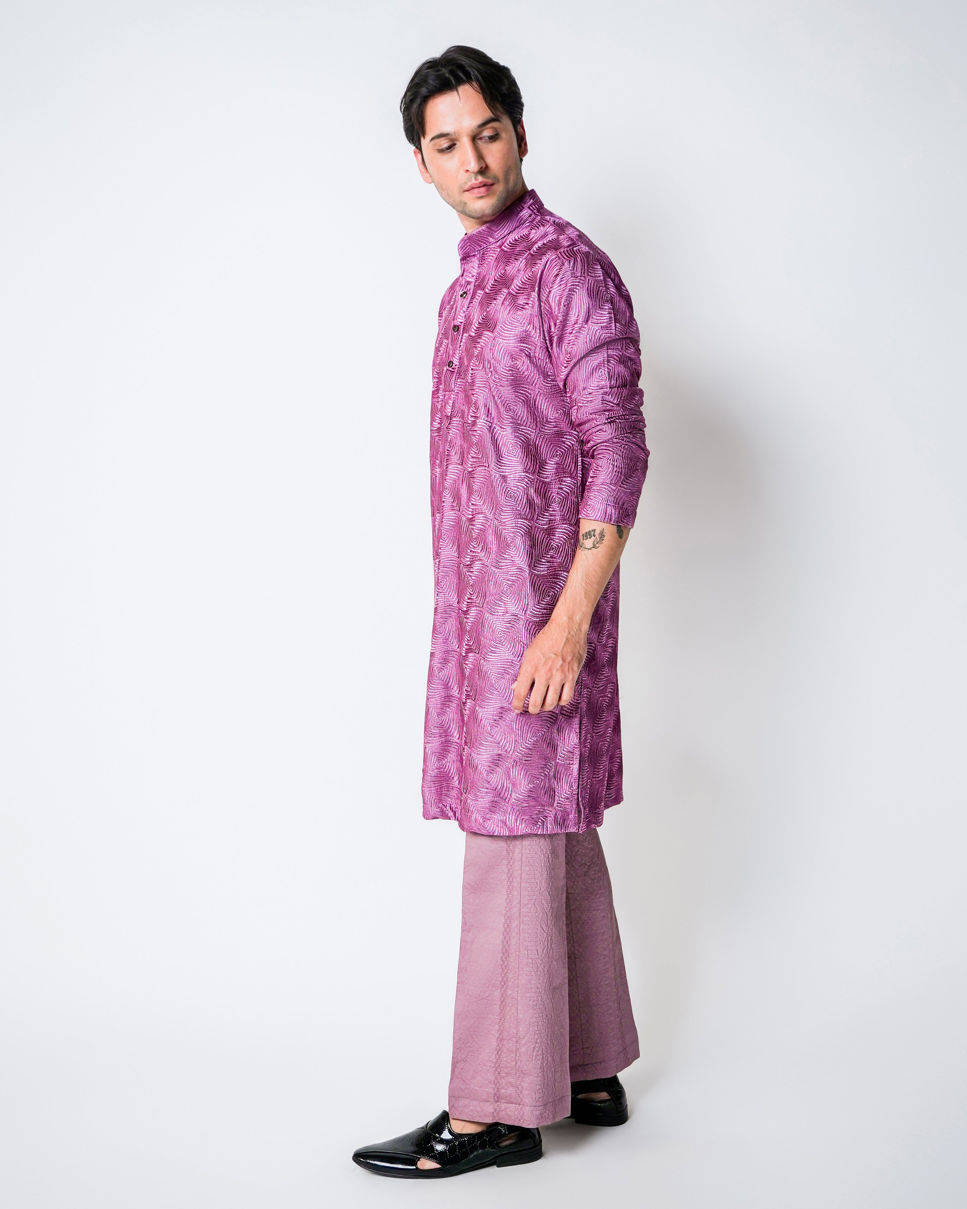 Purple Geometric Self Embroidered Silk Kurta Set
