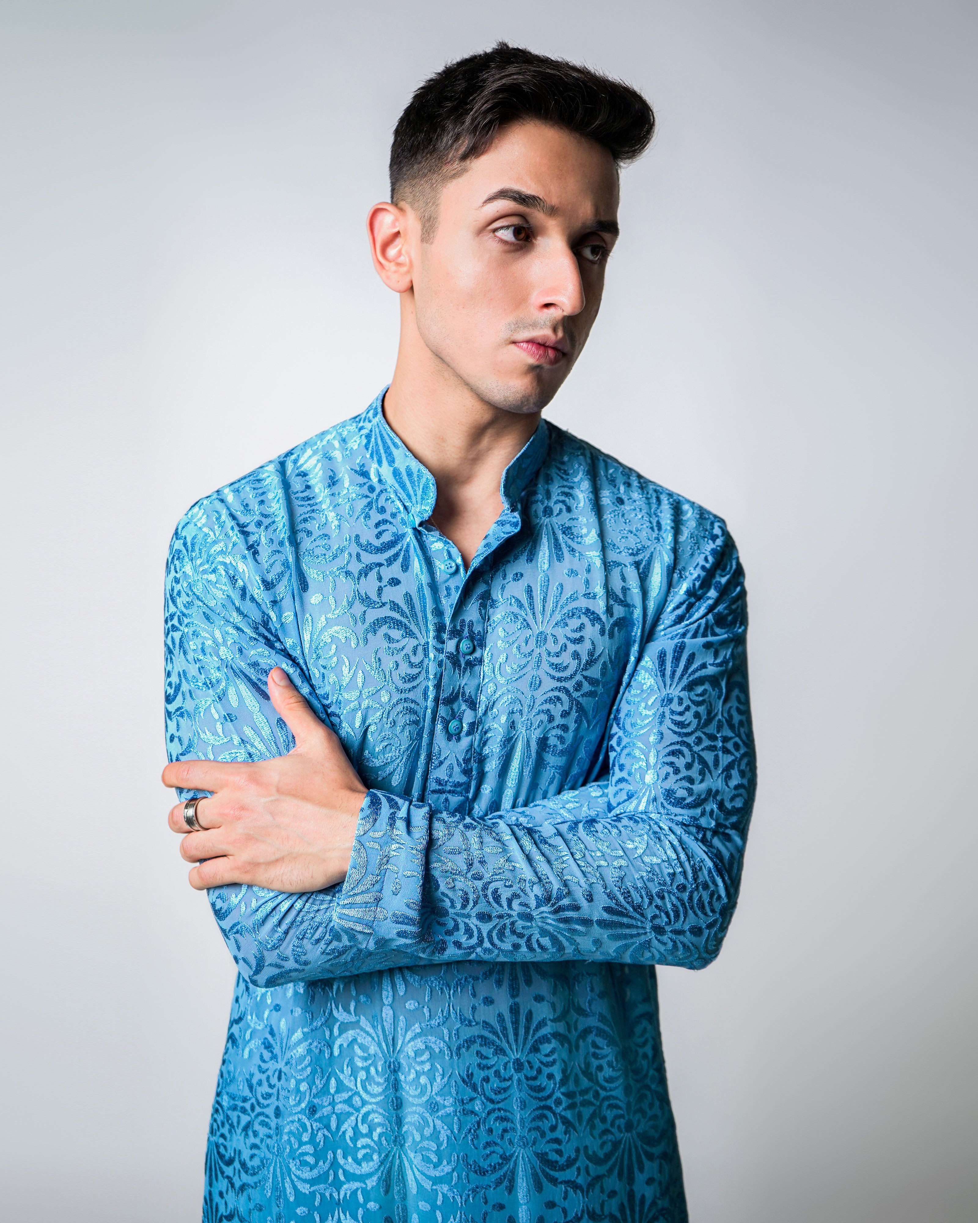 Blue Self Embroidered Silk Kurta Set