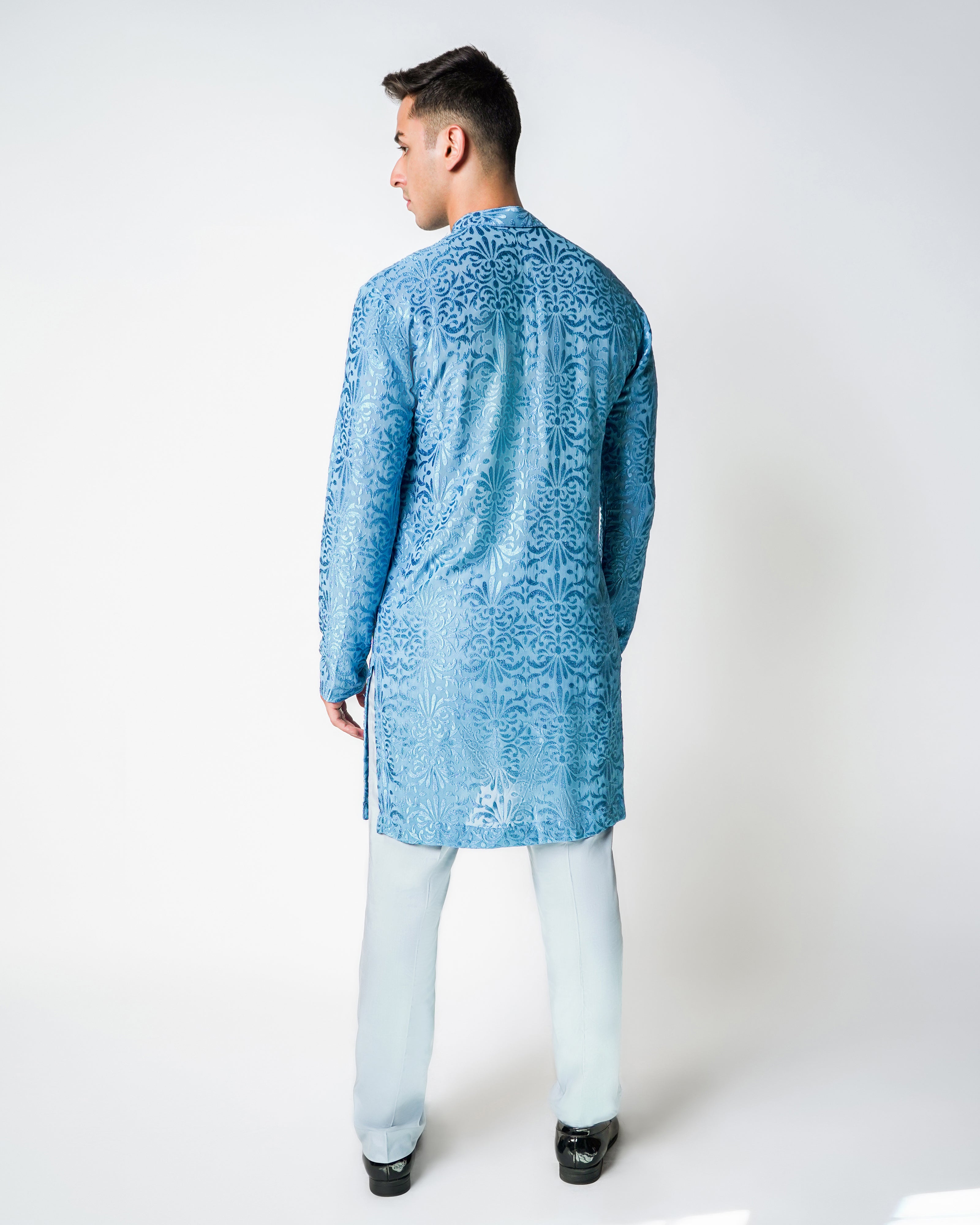 Blue Self Embroidered Silk Kurta Set