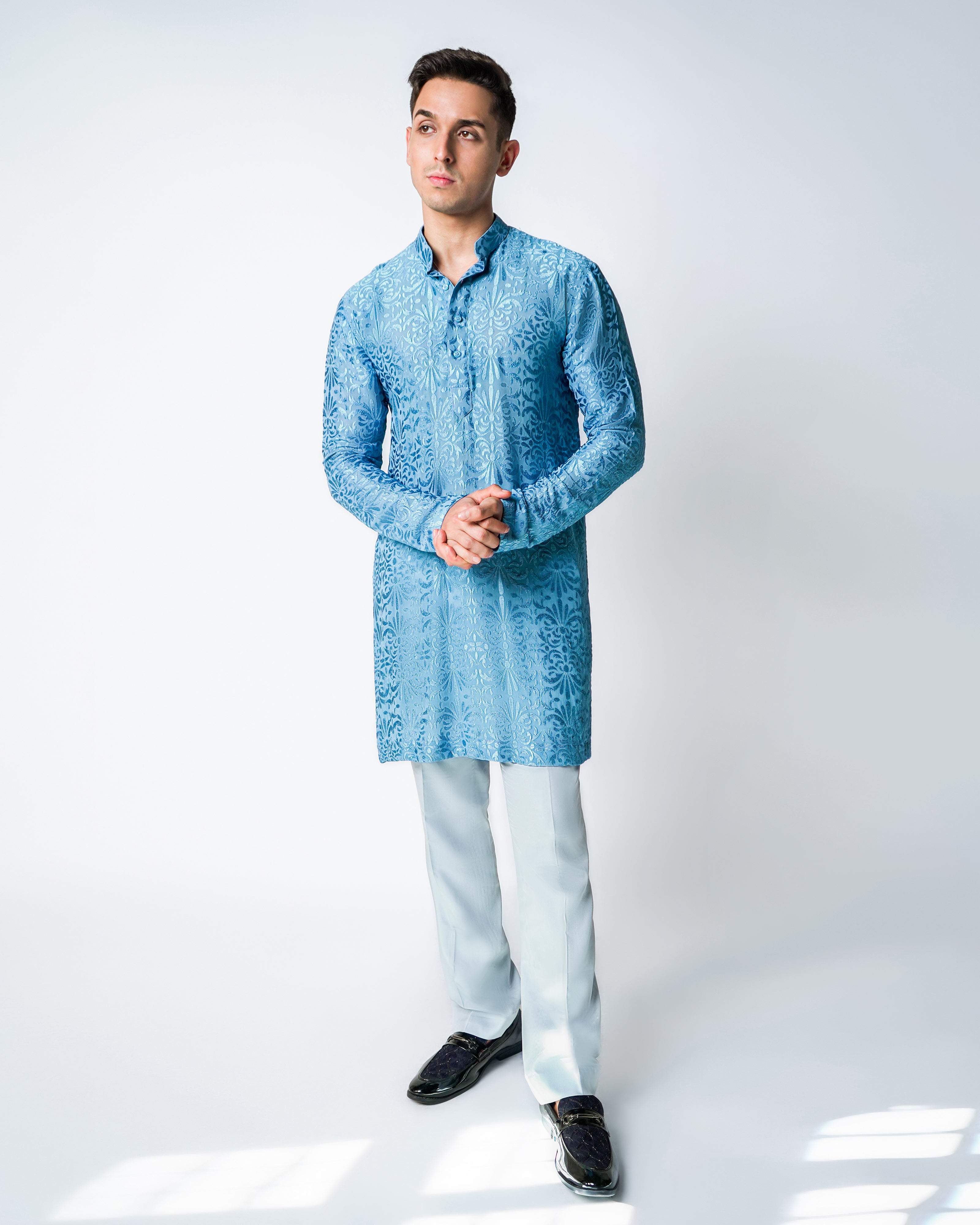 Blue Self Embroidered Silk Kurta Set