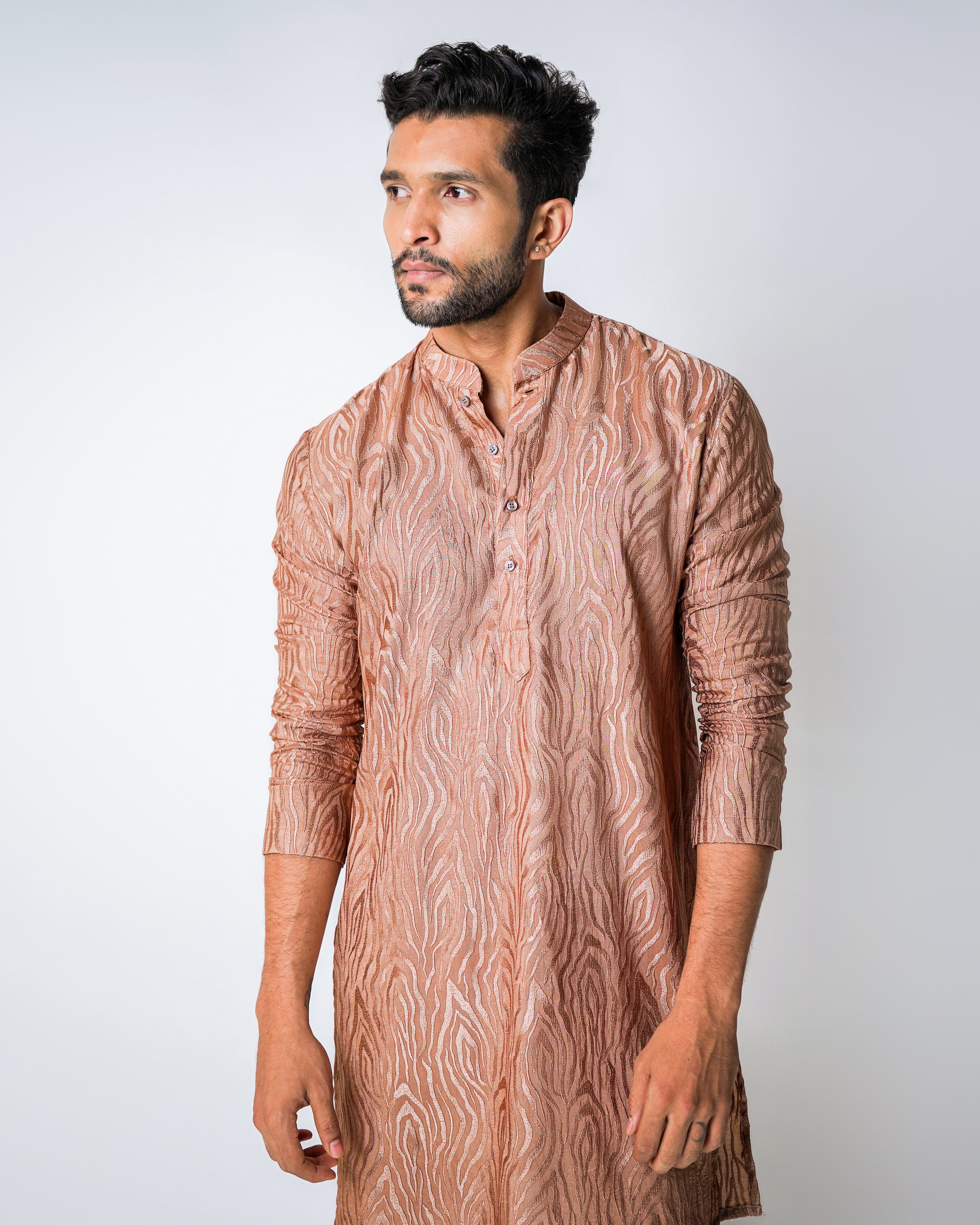 Brown Abstract Self Embroidered Silk Kurta Set