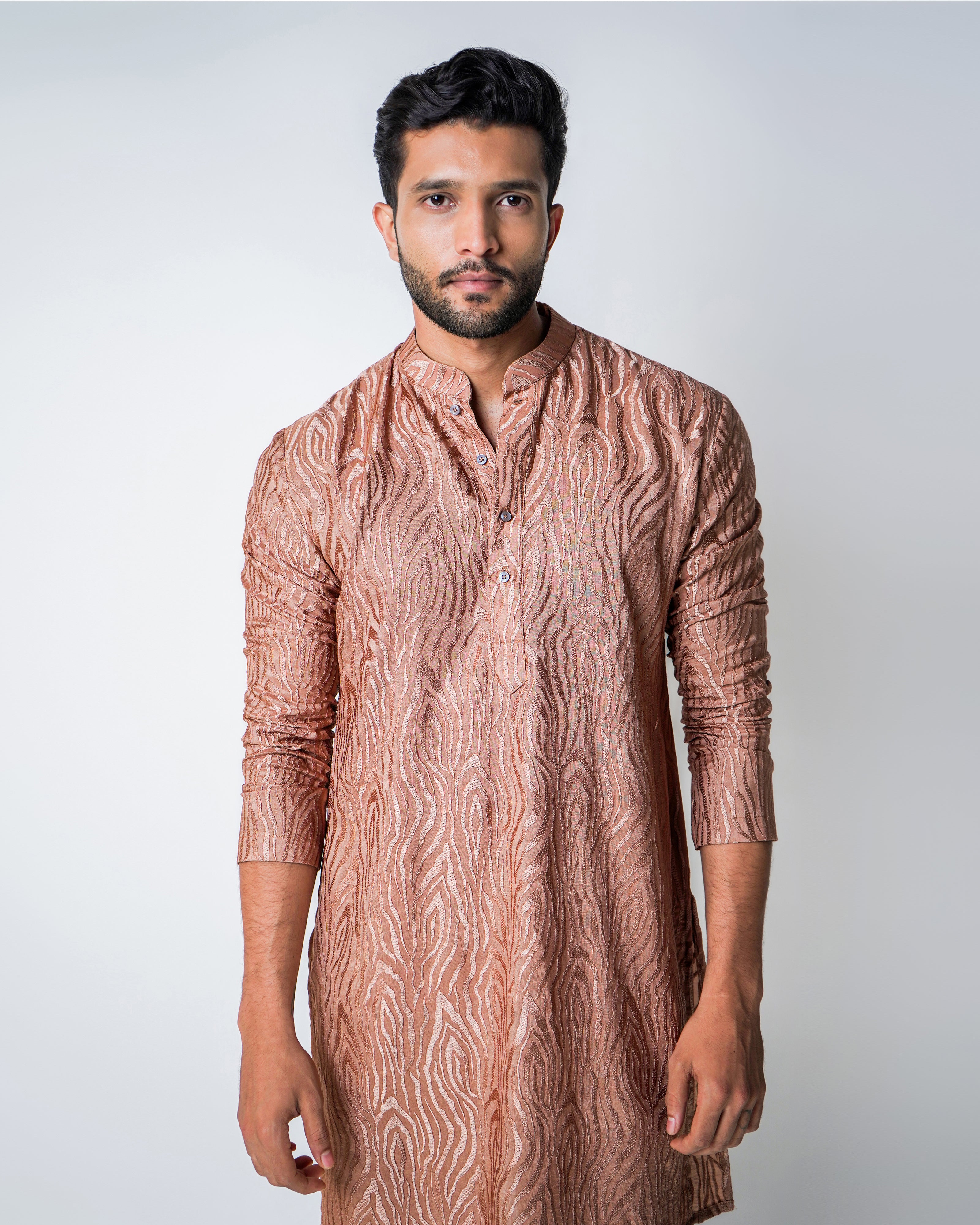 Brown Abstract Self Embroidered Silk Kurta Set