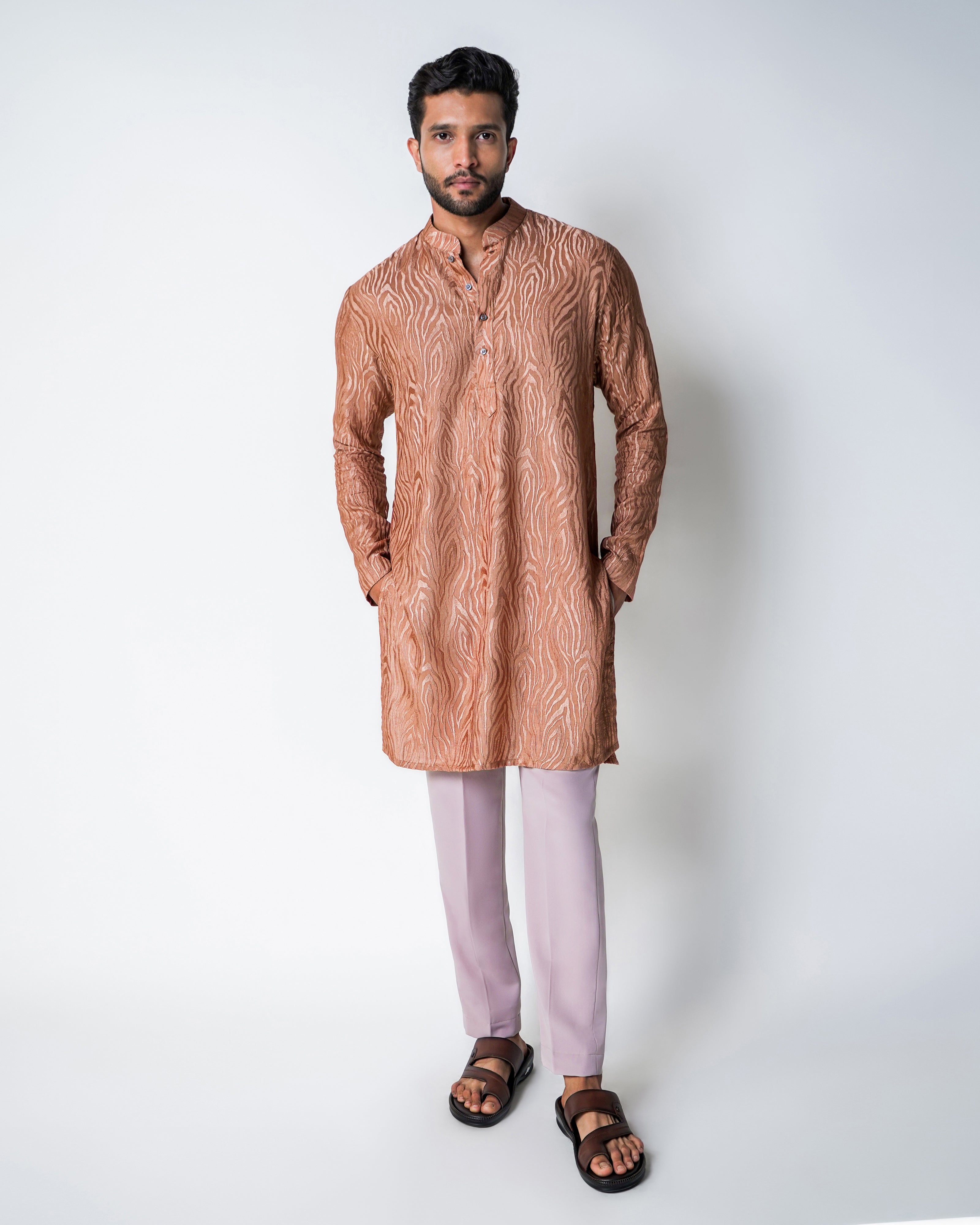 Brown Abstract Self Embroidered Silk Kurta Set