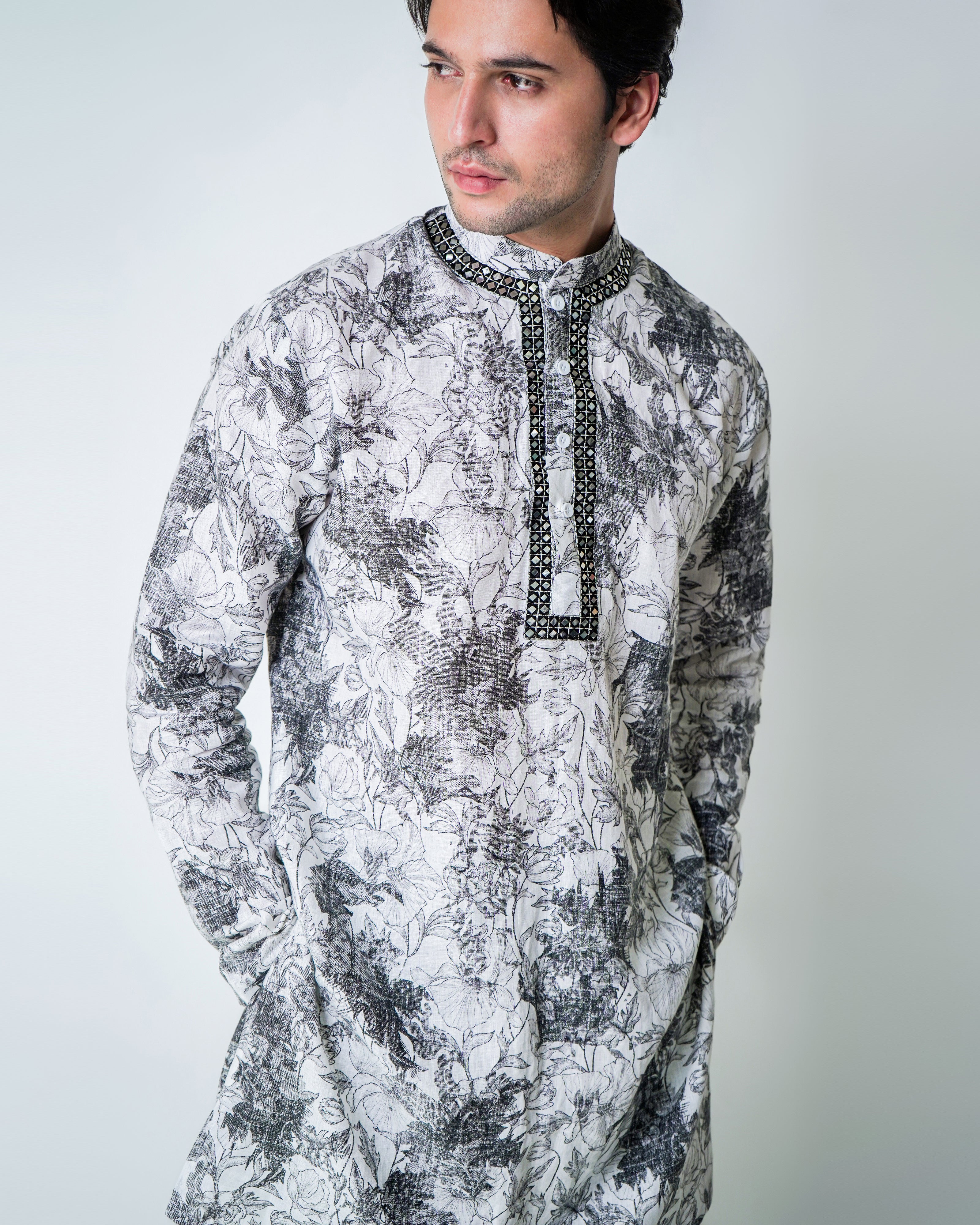 Black and White Printed Linen with Mirror embroidery kurta set