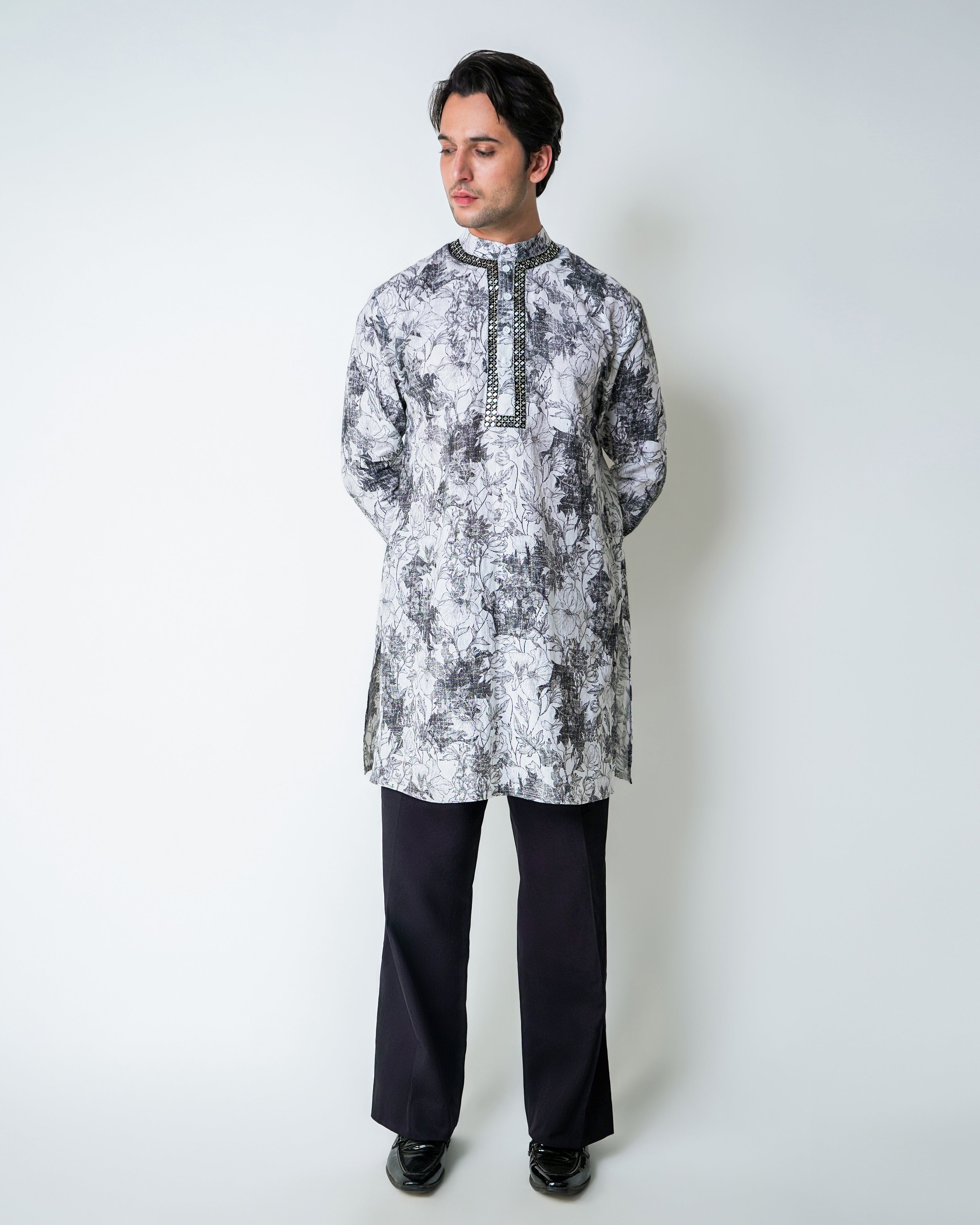 Black and White Printed Linen with Mirror embroidery kurta set