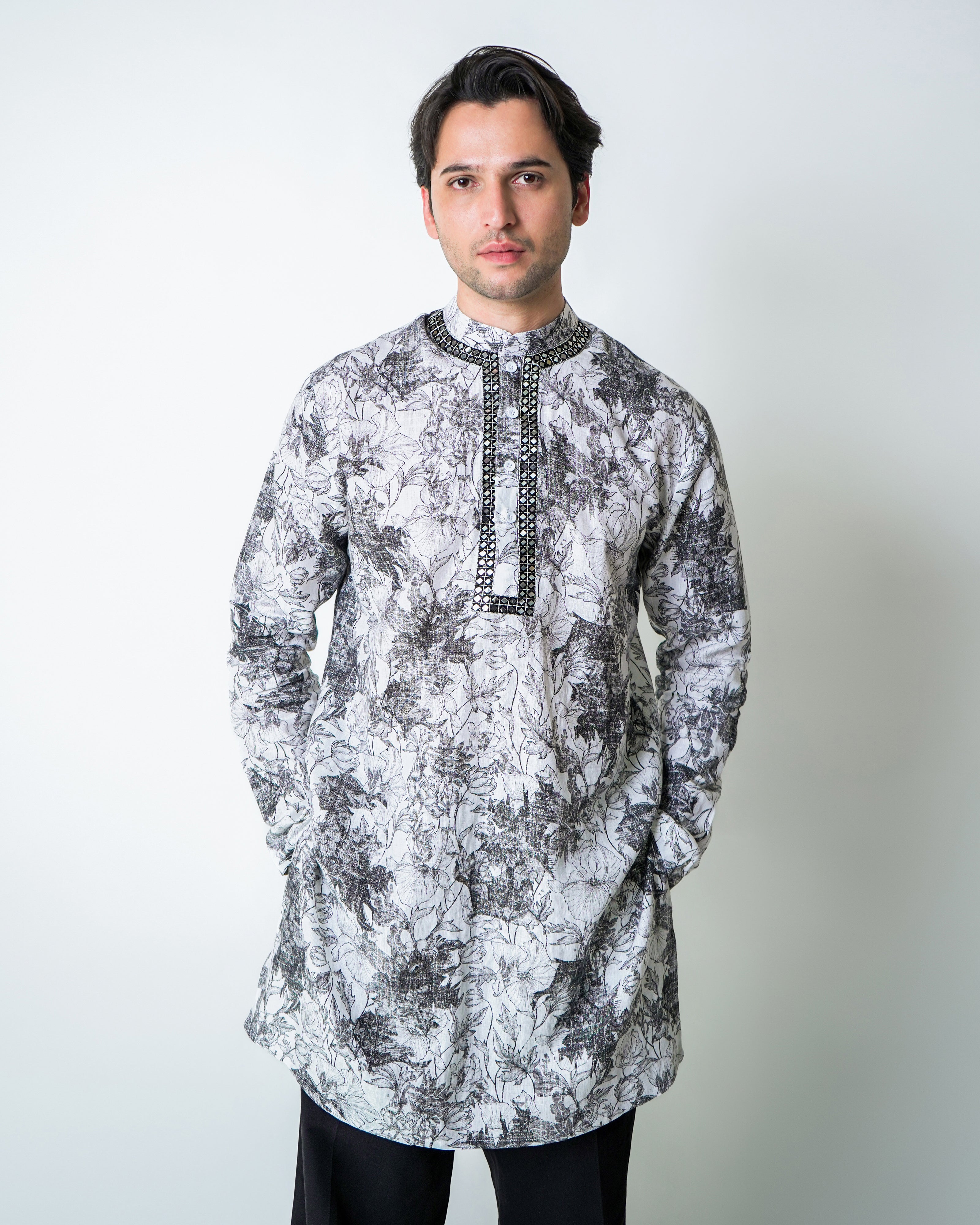 Black and White Printed Linen with Mirror embroidery kurta set