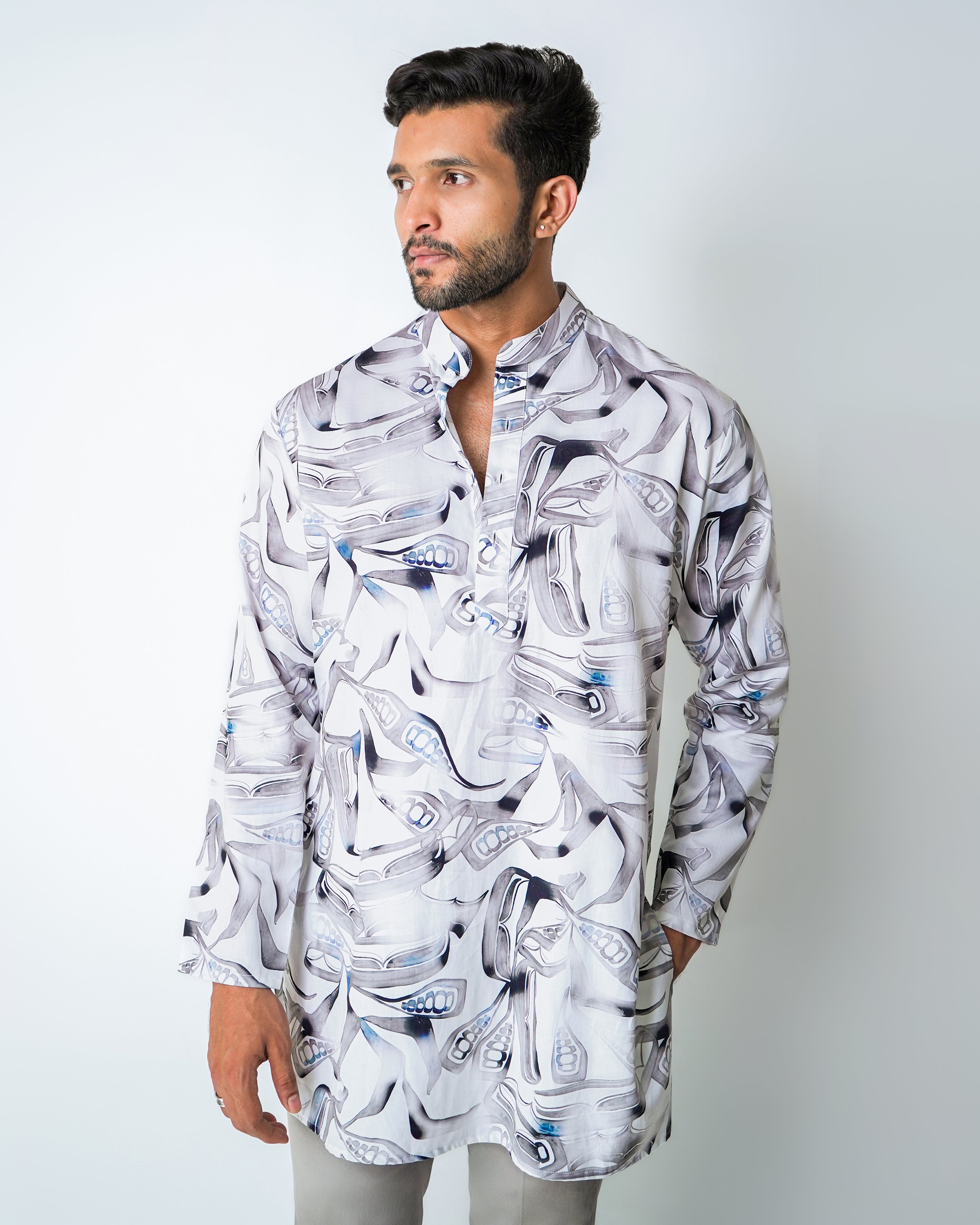 White & Grey Cotton printed kurta set