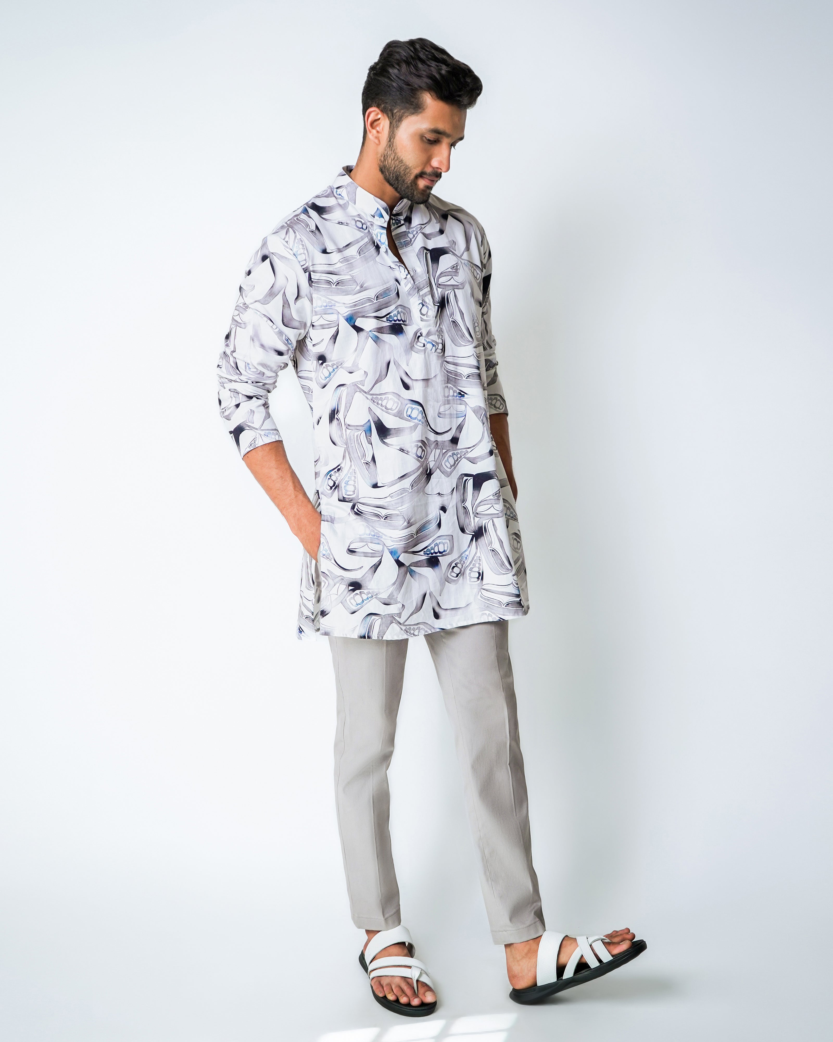 White & Grey Cotton printed kurta set
