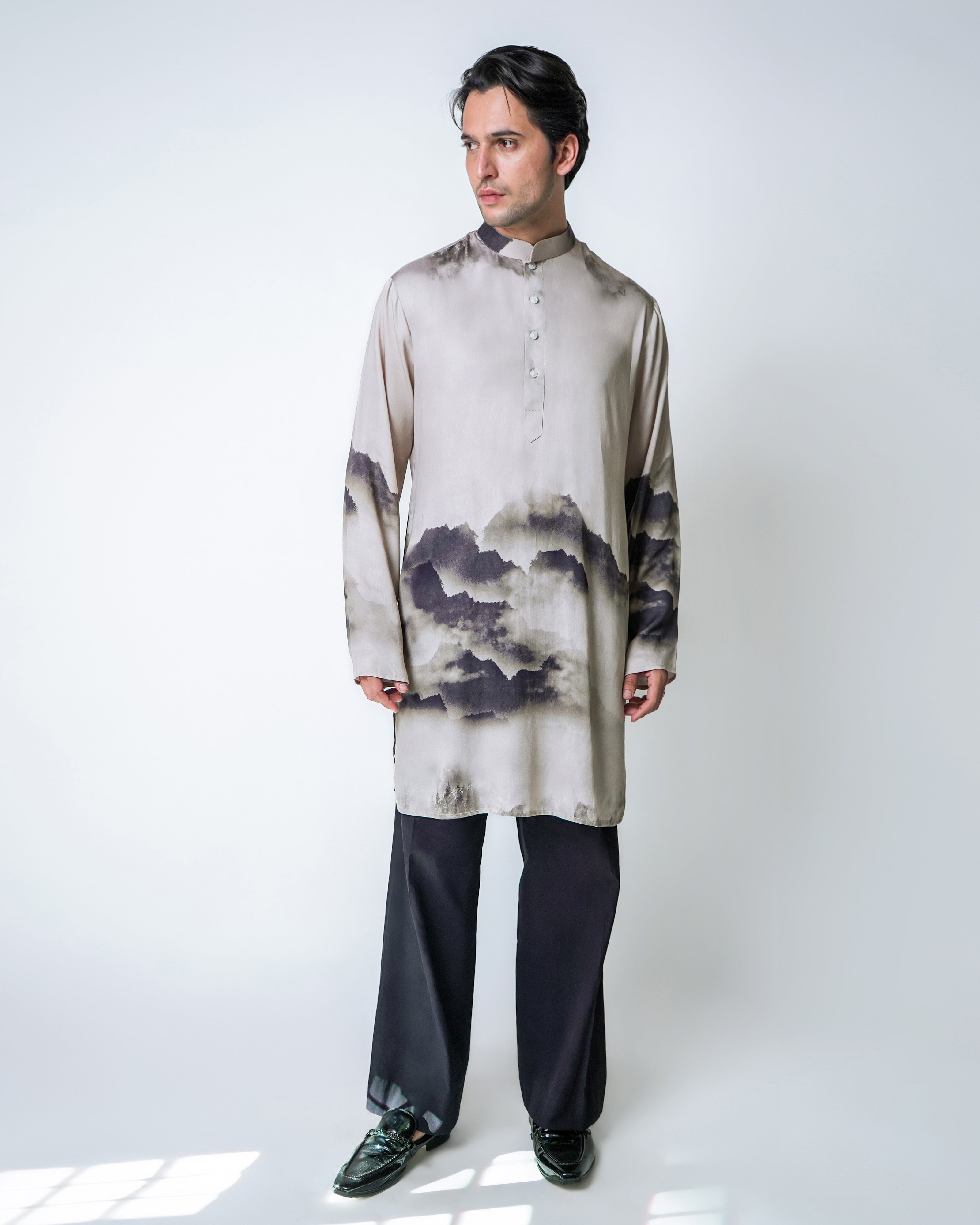 Satin Clouds - Brown and Black tencel printed kurta set