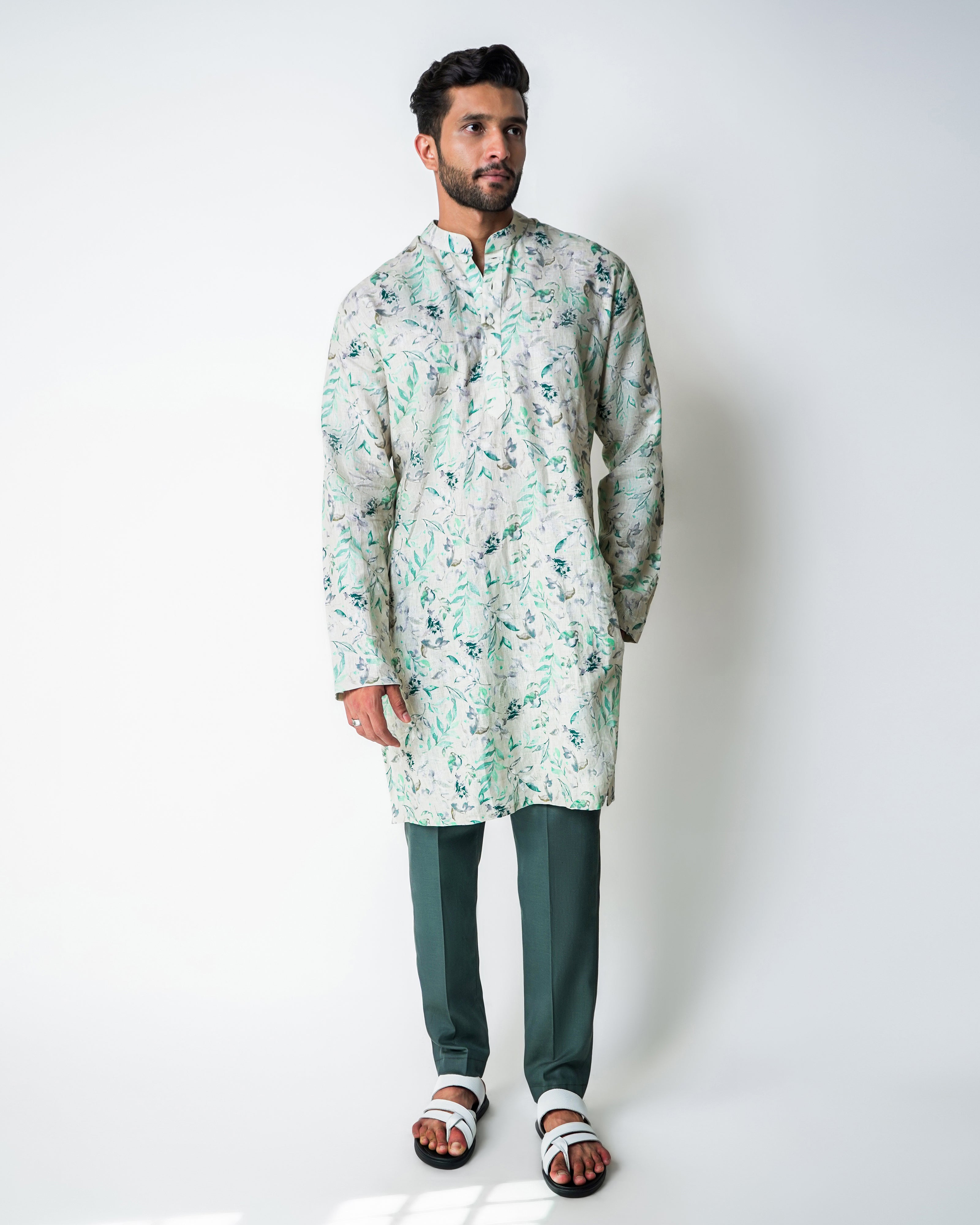 Light green Linen floral printed kurta set