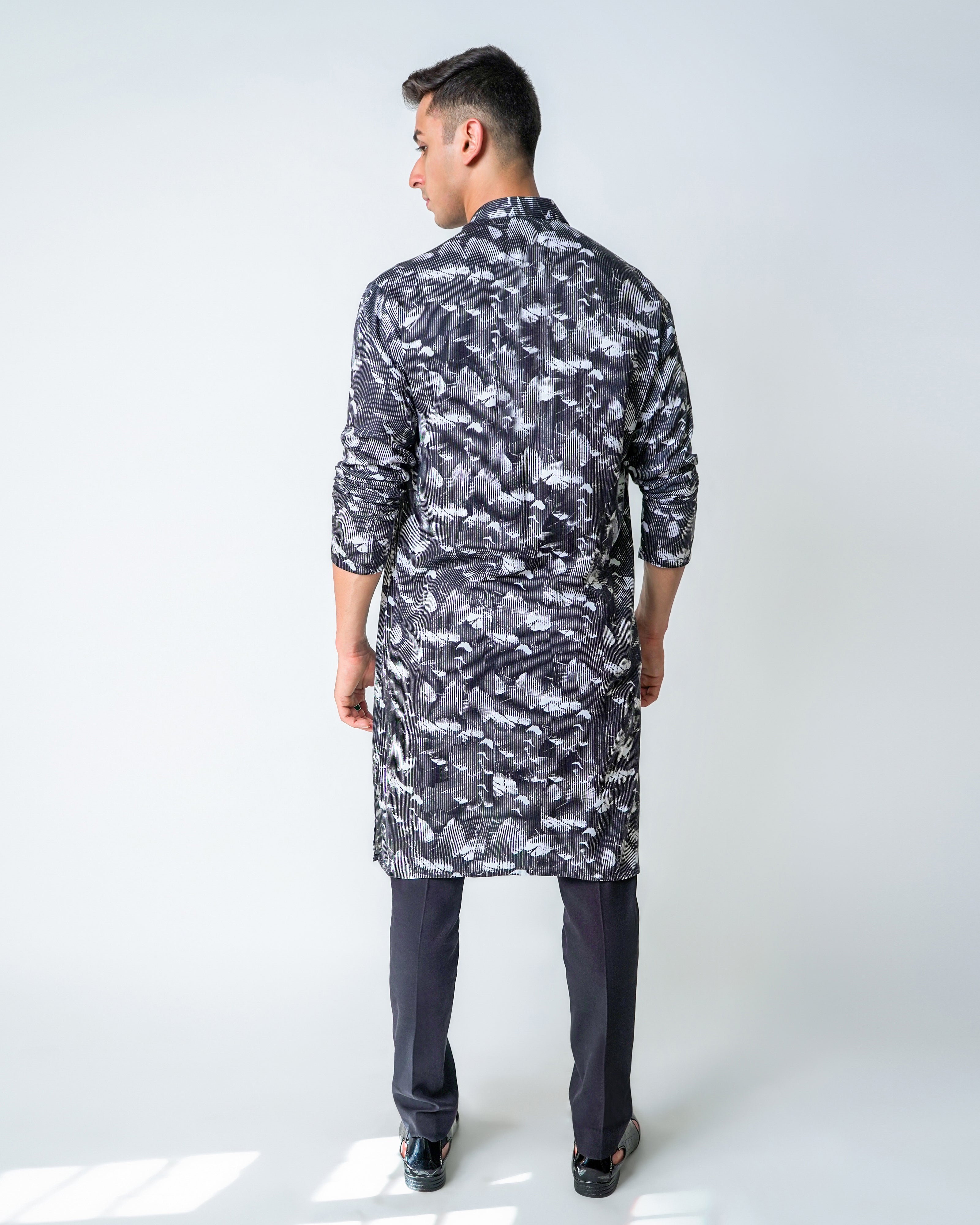 Black and White tencel floral Stripe Kurta Set