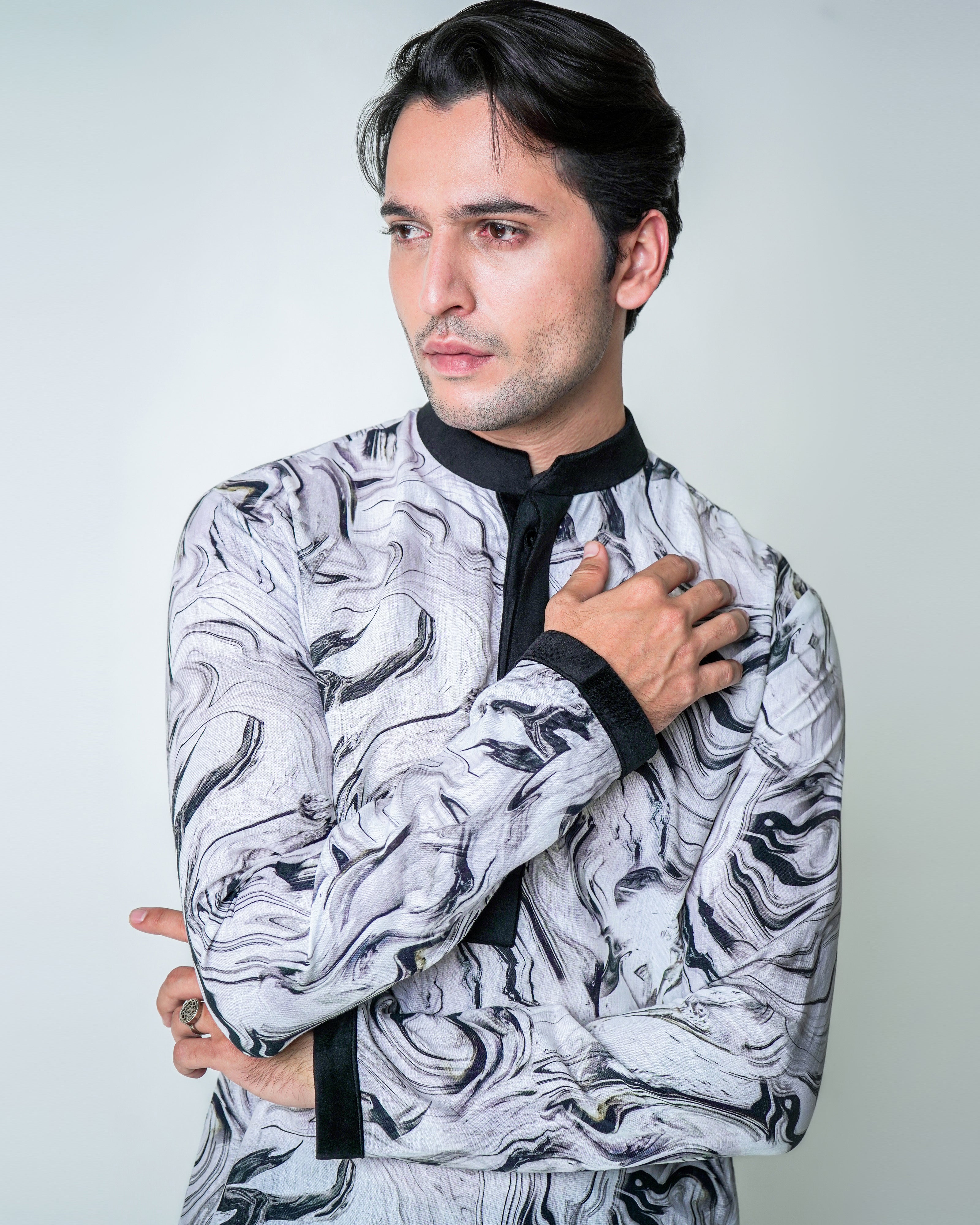 Marble Haze - Black and White linen printed kurta set with black velvet detailing