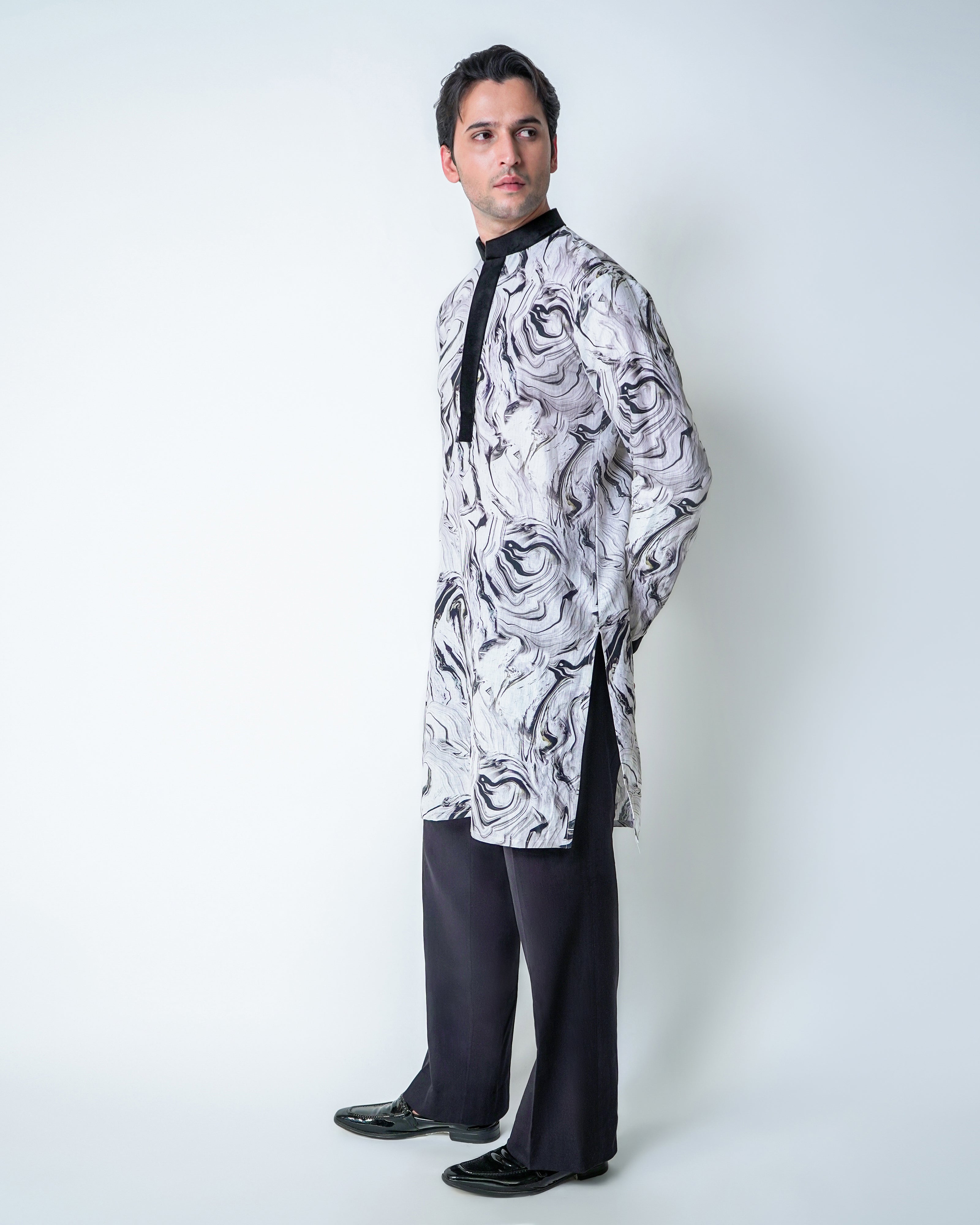 Marble Haze - Black and White linen printed kurta set with black velvet detailing