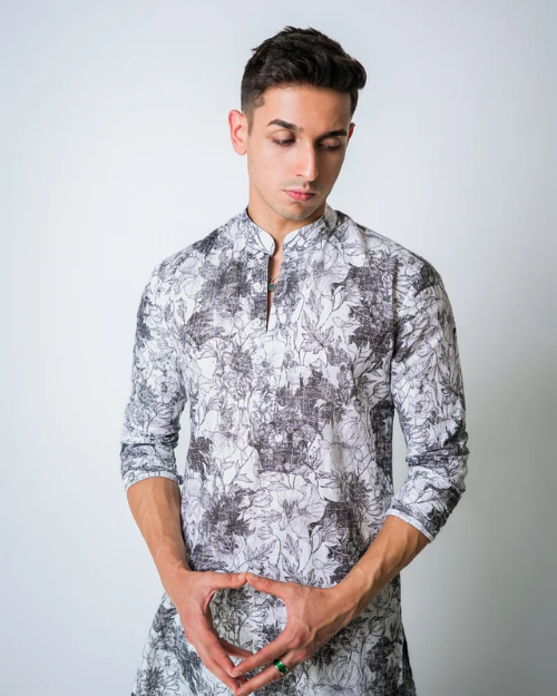 Black and White Printed Linen kurta set