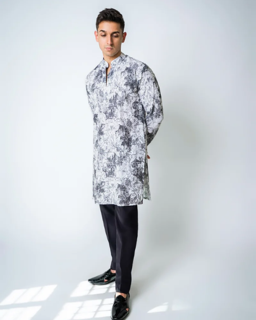 Black and White Printed Linen kurta set