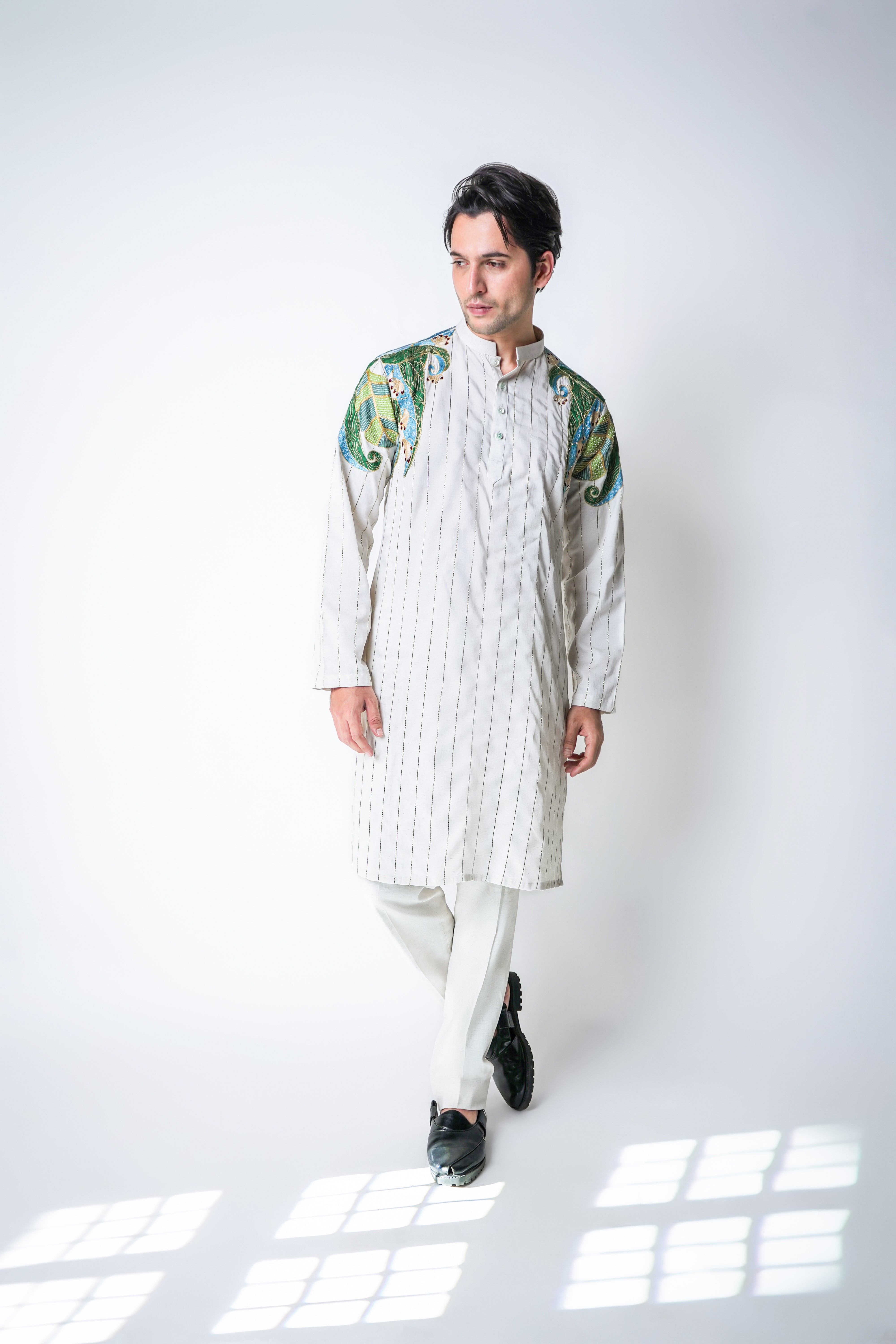 Cream Tencel Floral embroidery & Lurex Stripe Kurta set