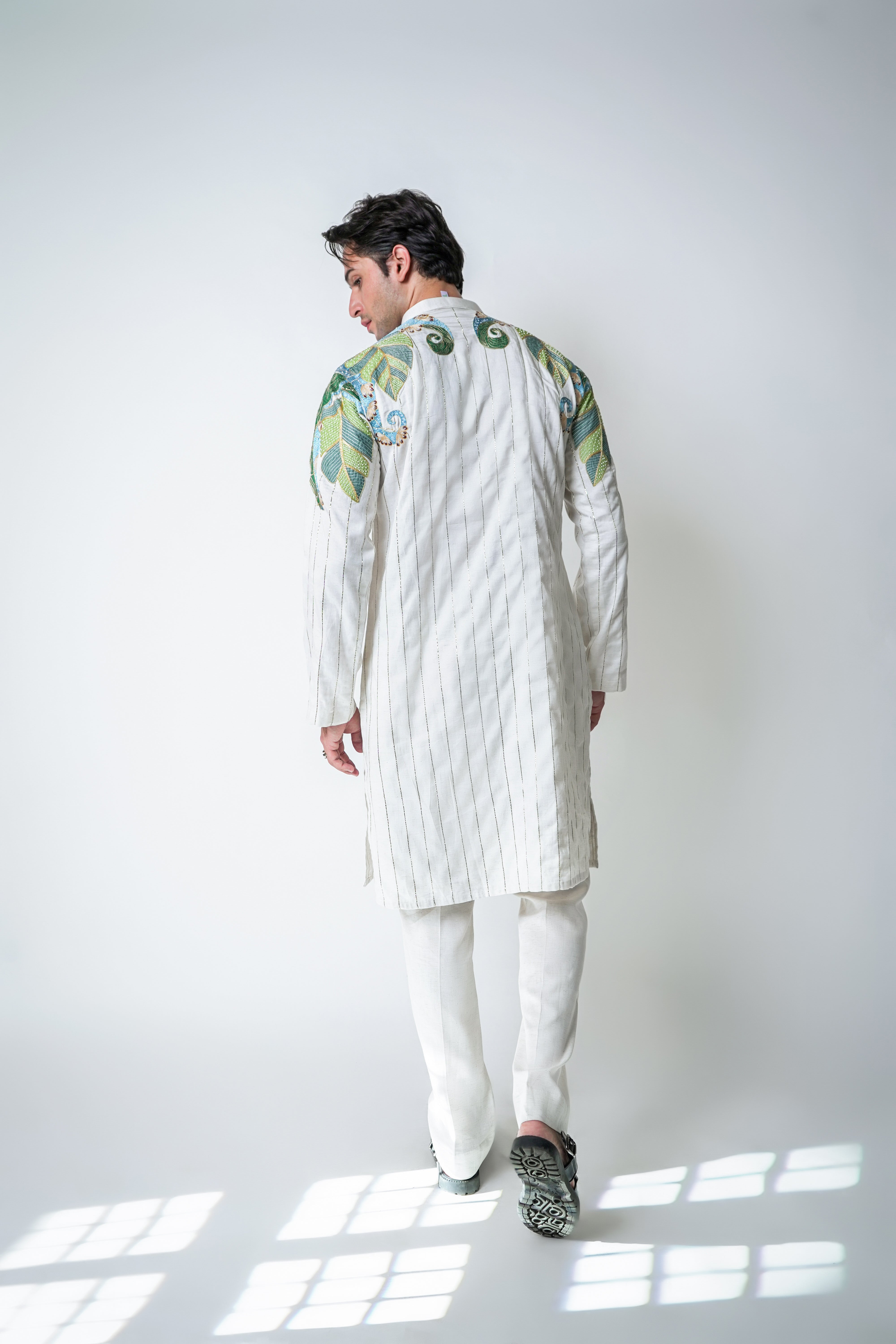 Cream Tencel Floral embroidery & Lurex Stripe Kurta set