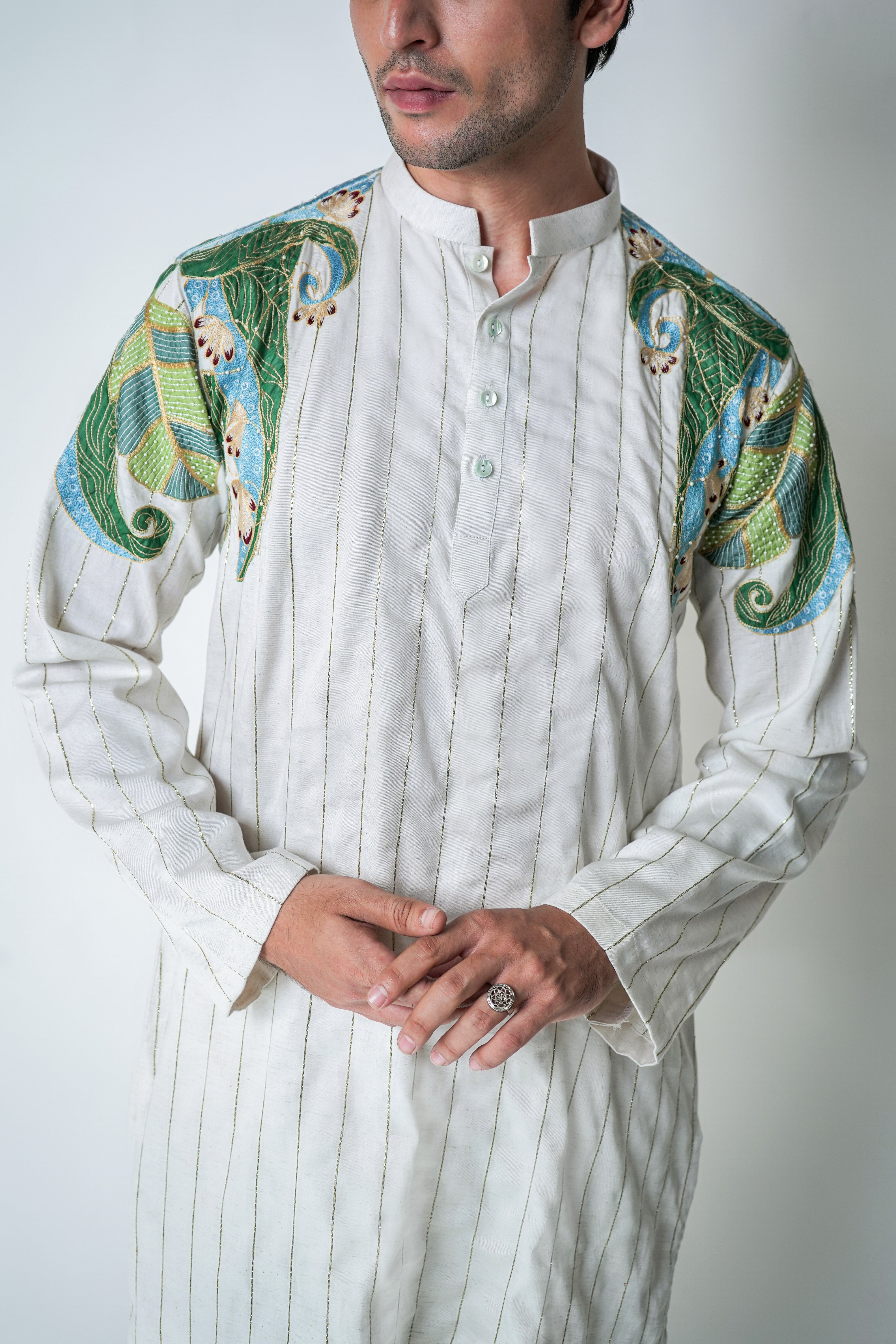 Cream Tencel Floral embroidery & Lurex Stripe Kurta set