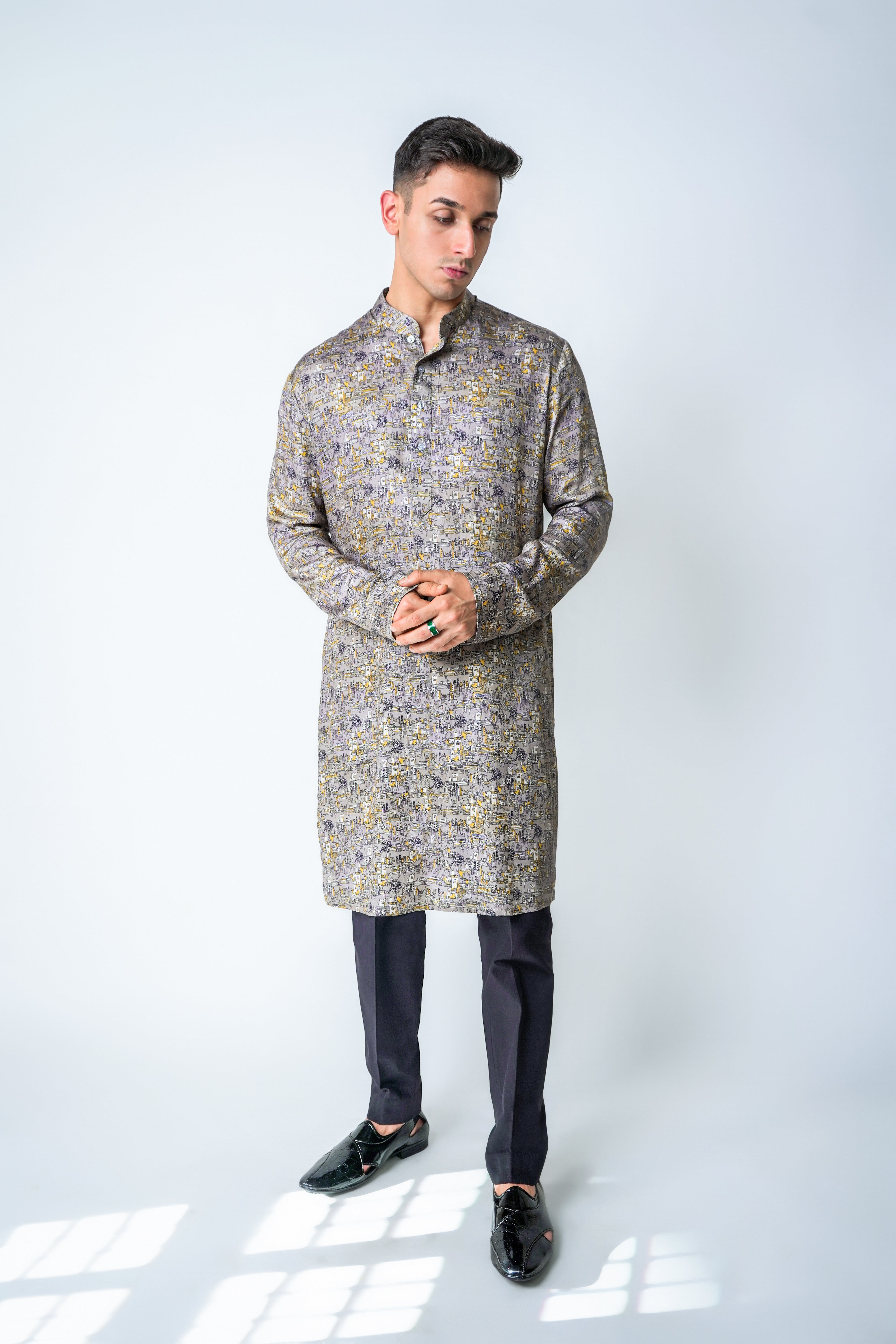 Sheher Kurta - Grey and Yellow tencel printed kurta set