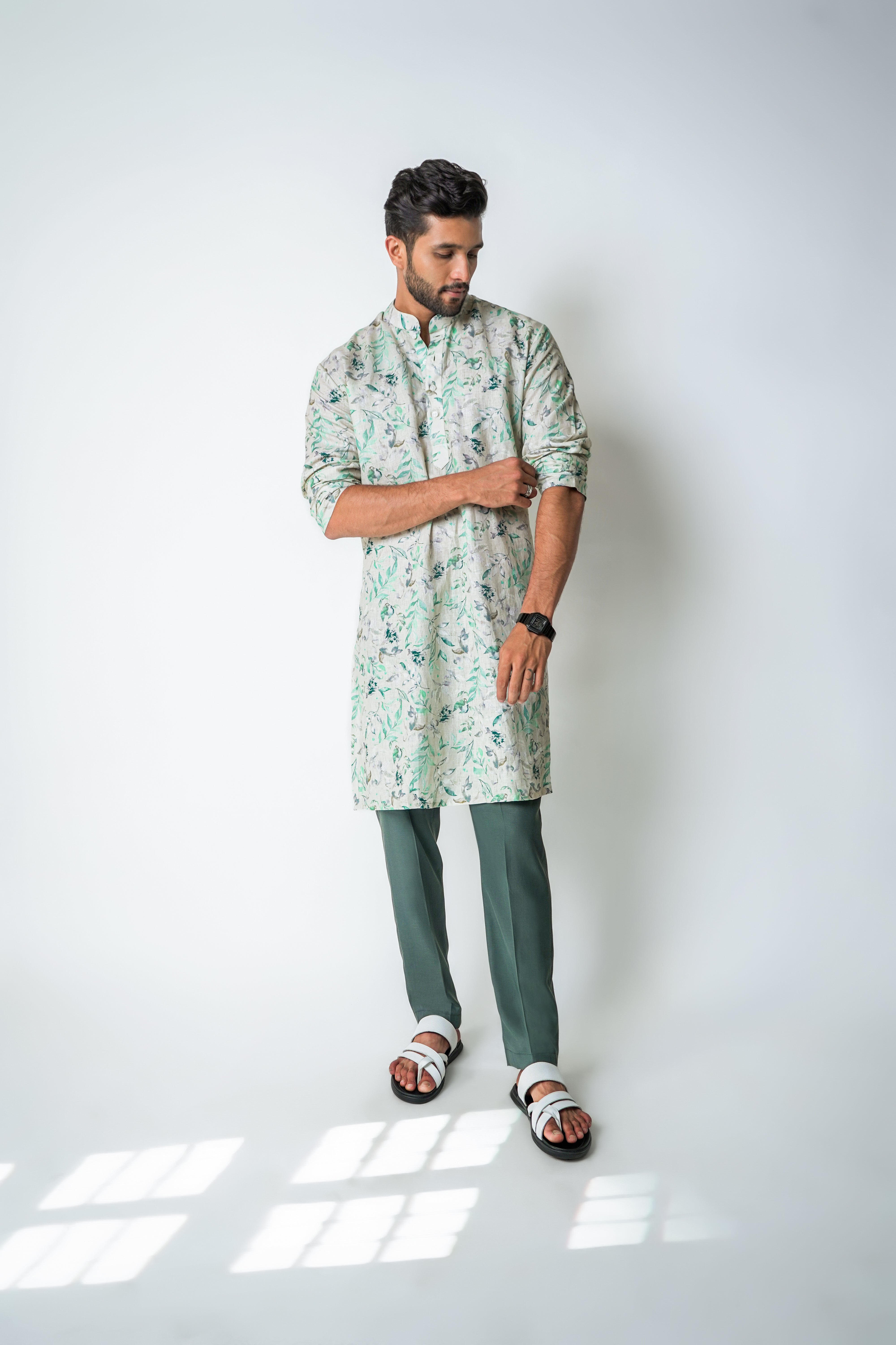 Light green Linen floral printed kurta set
