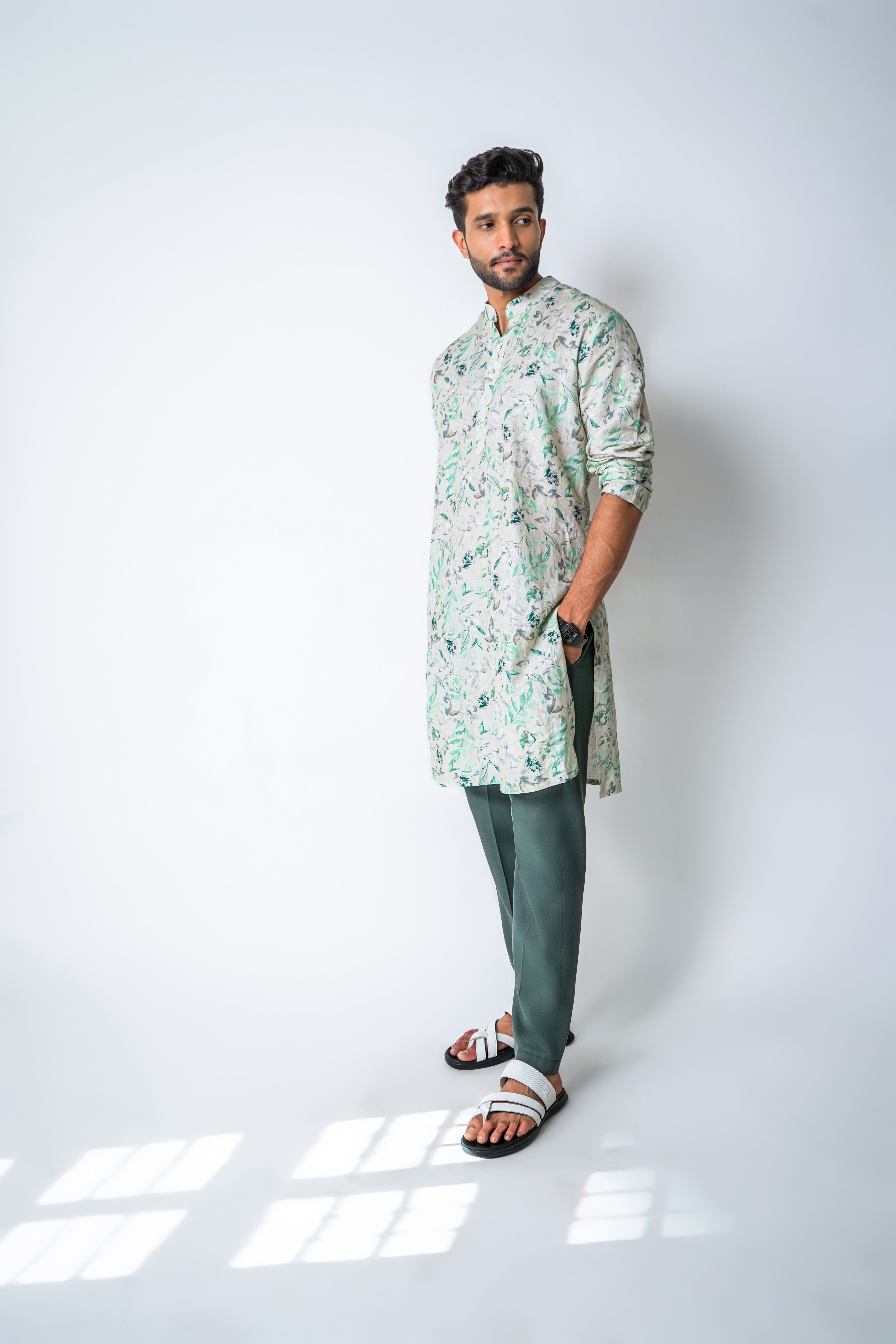 Light green Linen floral printed kurta set