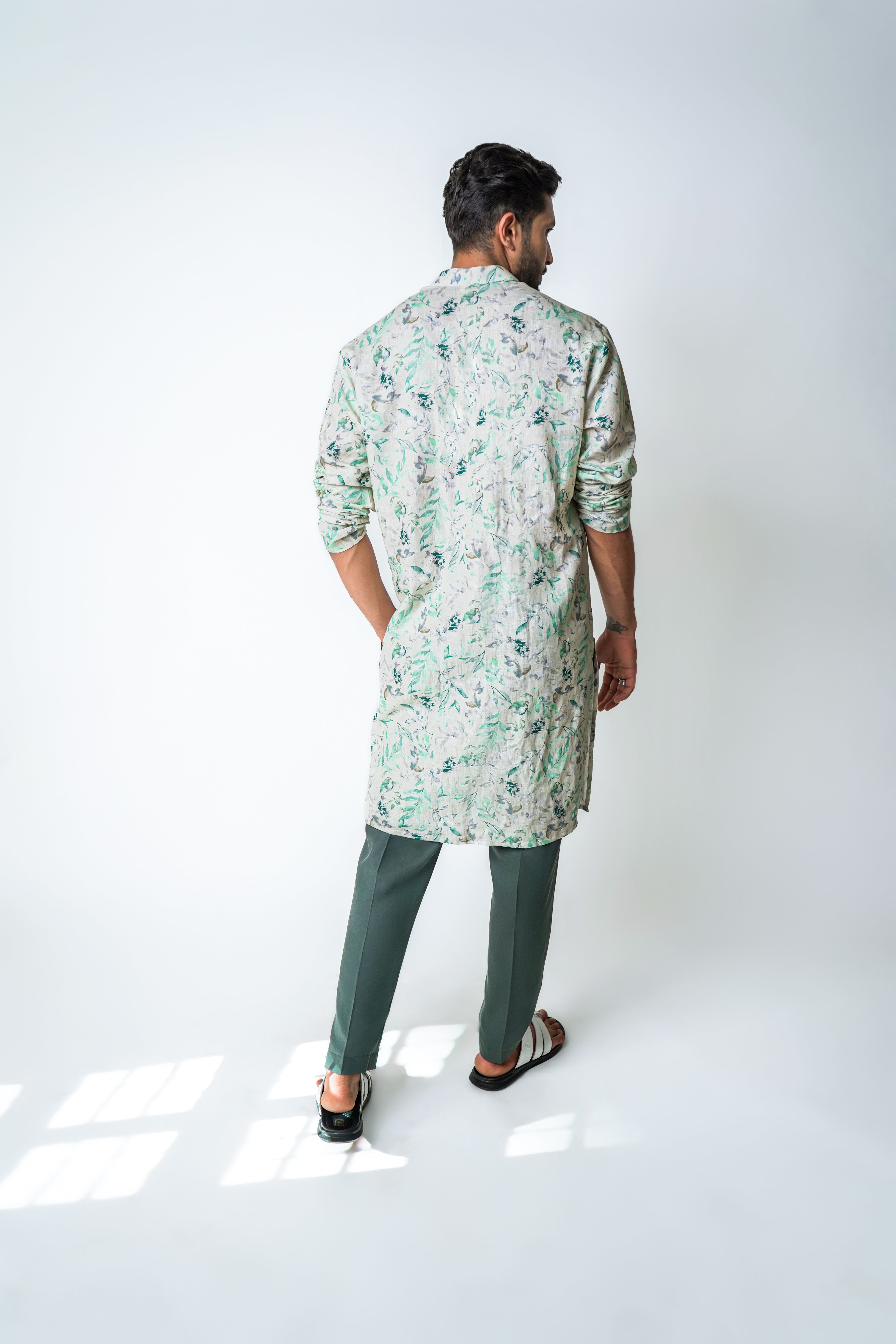Light green Linen floral printed kurta set