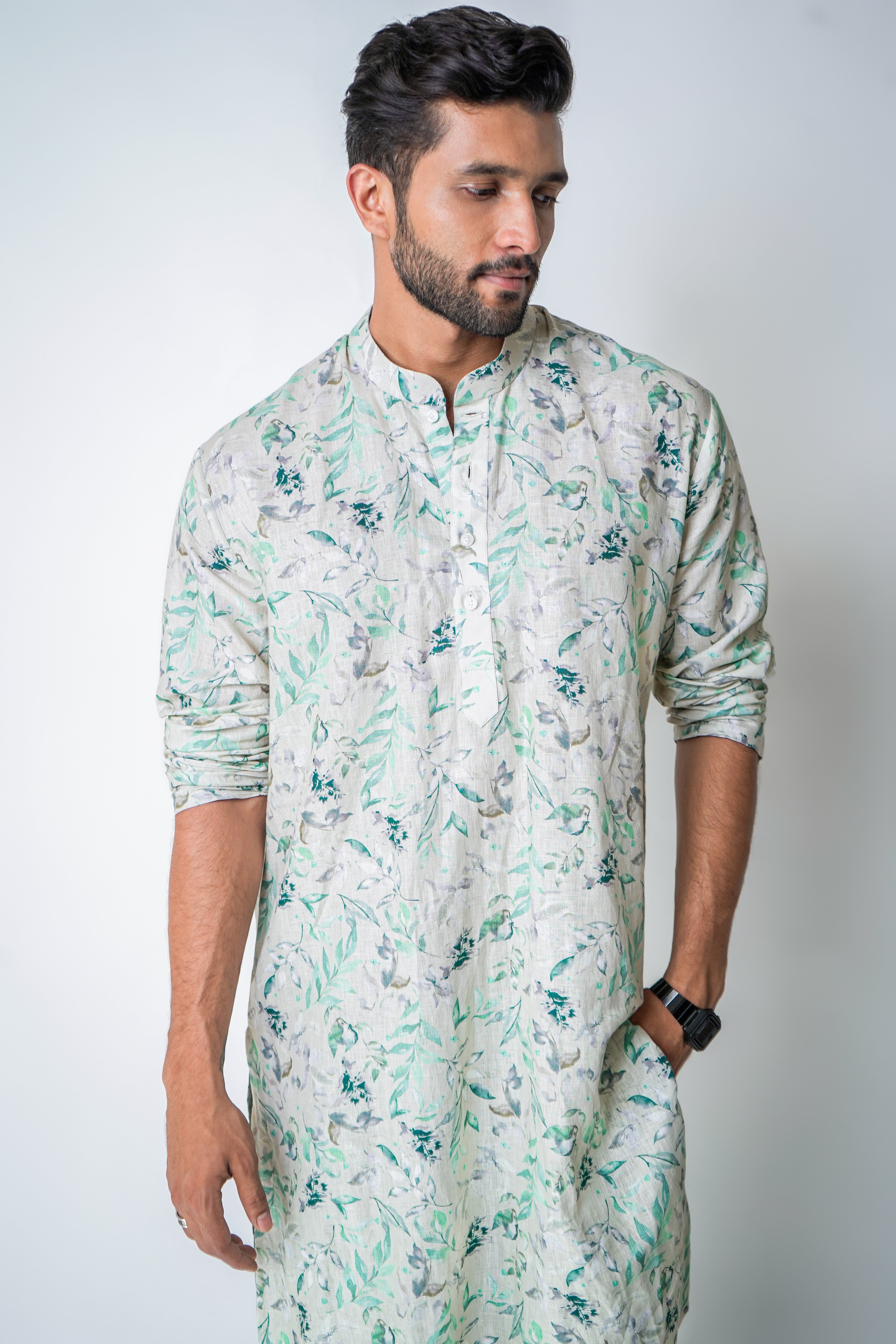 Light green Linen floral printed kurta set