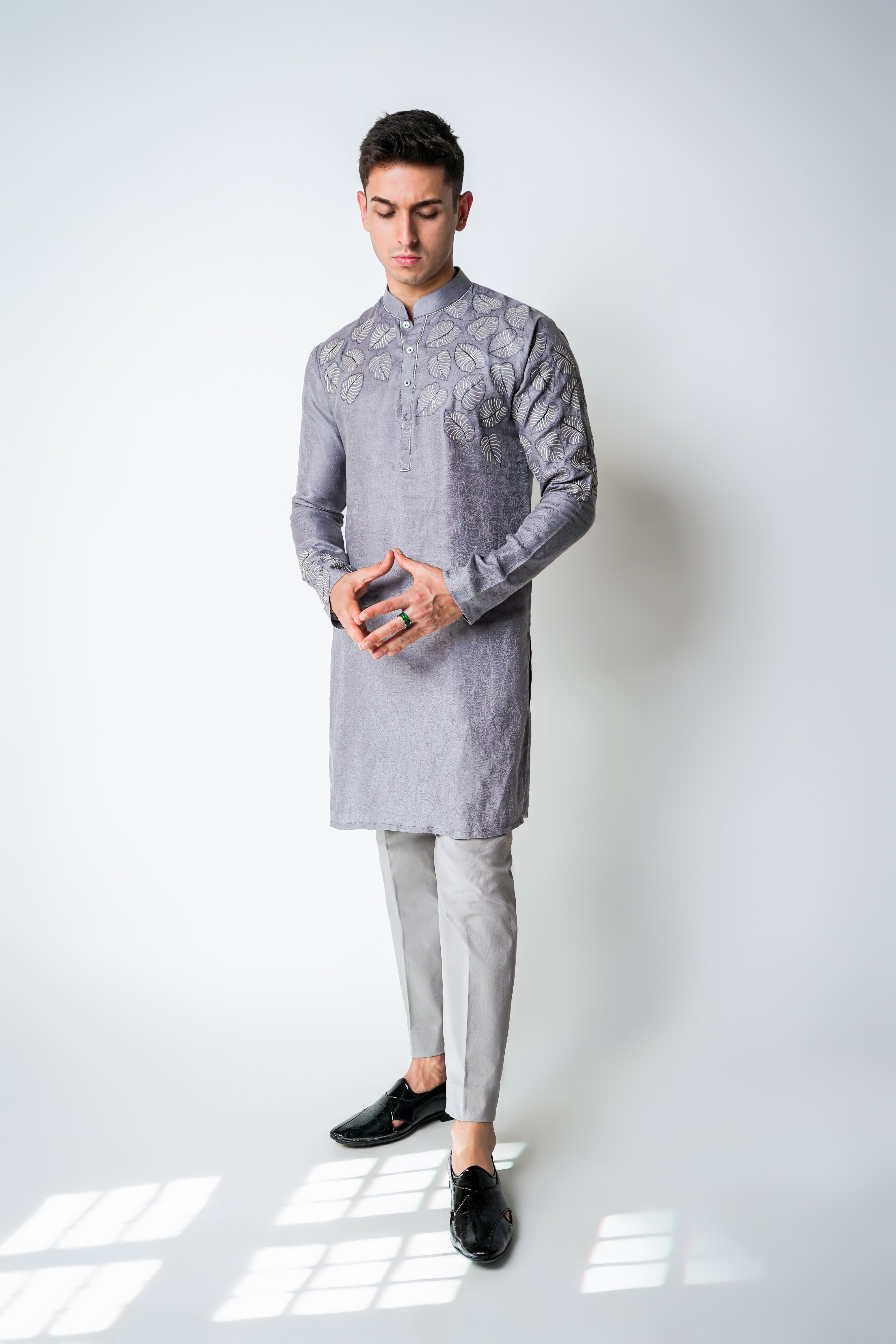 Grey Printed Linen with cotton embroidery kurta set
