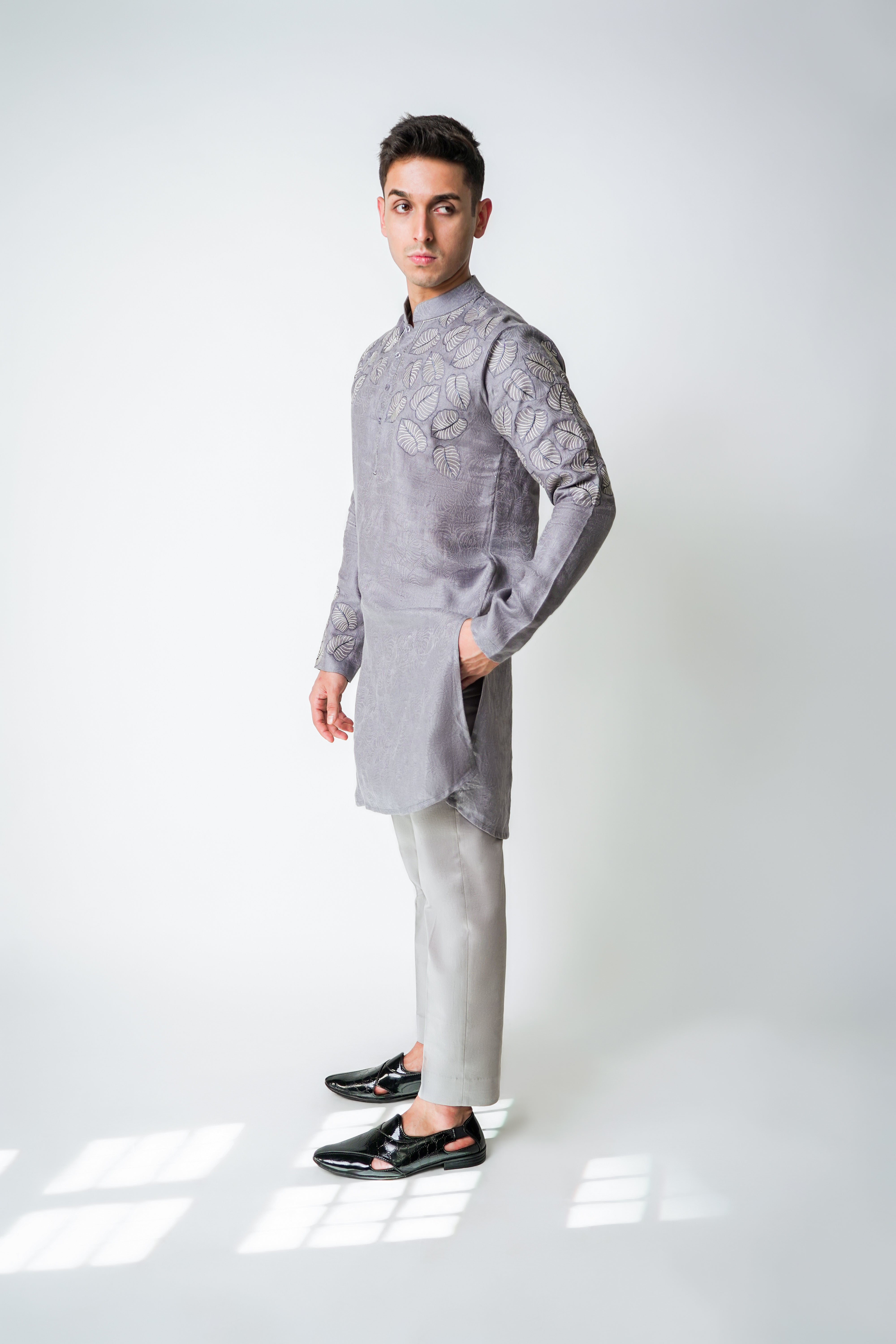 Grey Printed Linen with cotton embroidery kurta set
