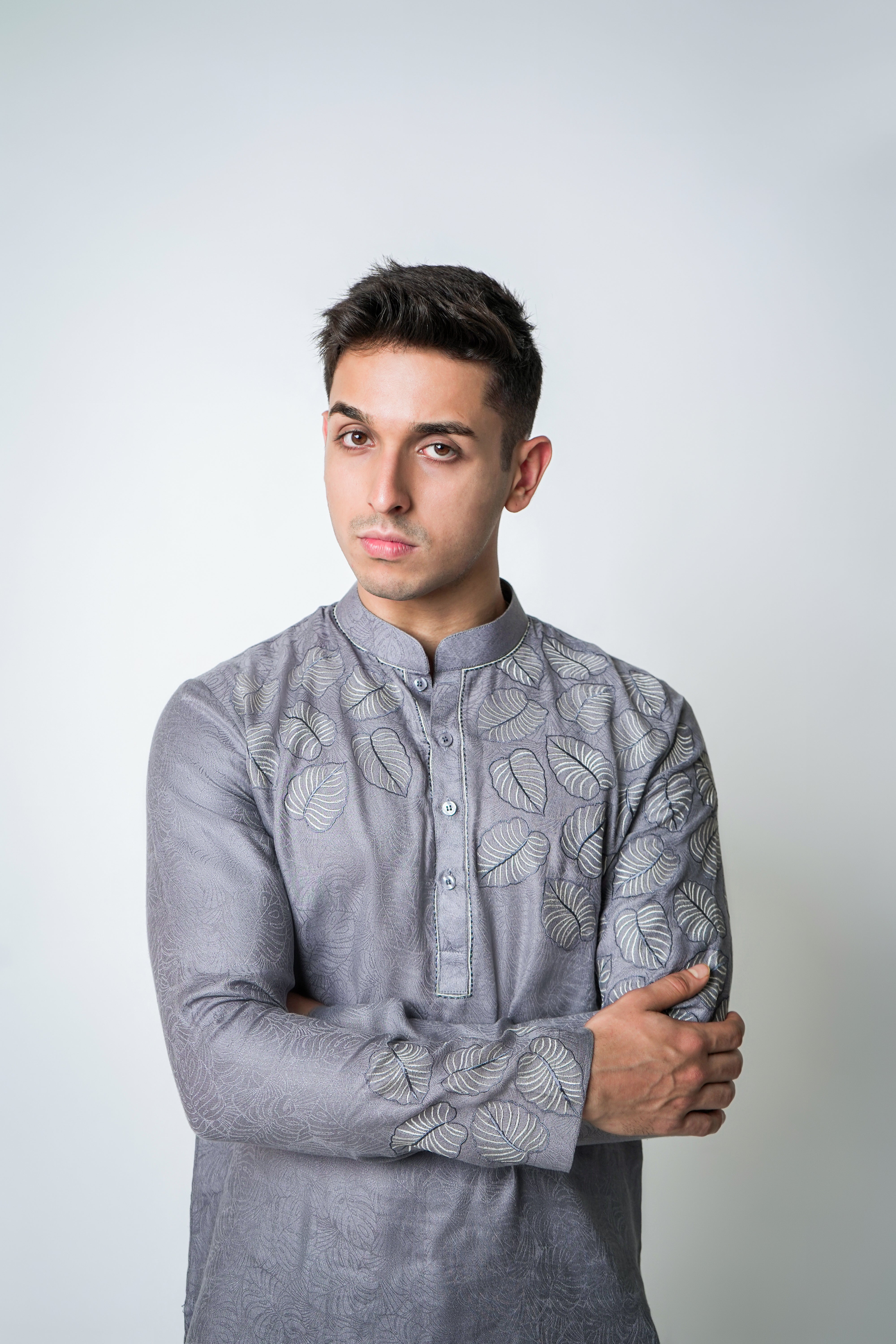 Grey Printed Linen with cotton embroidery kurta set