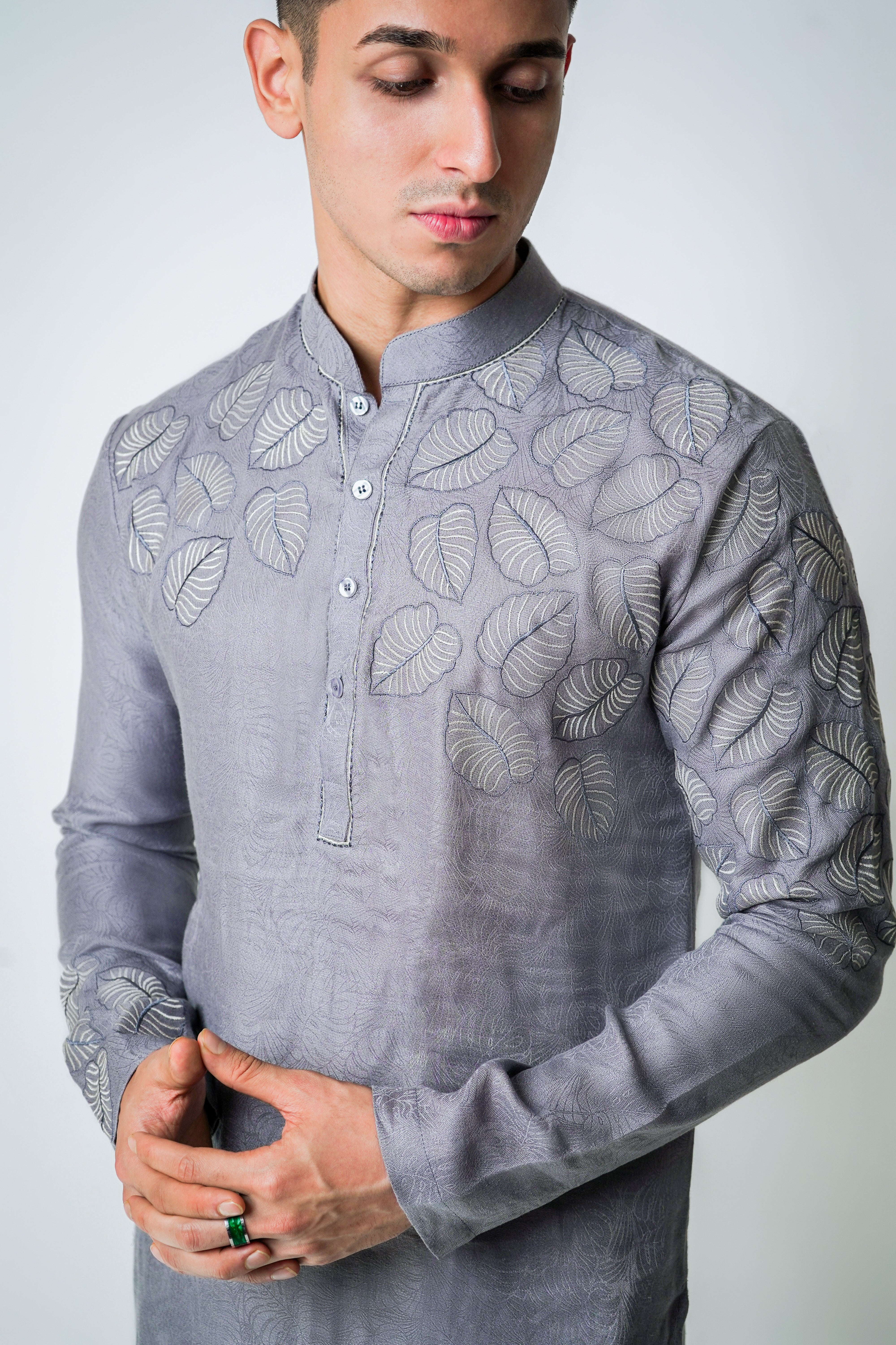 Grey Printed Linen with cotton embroidery kurta set