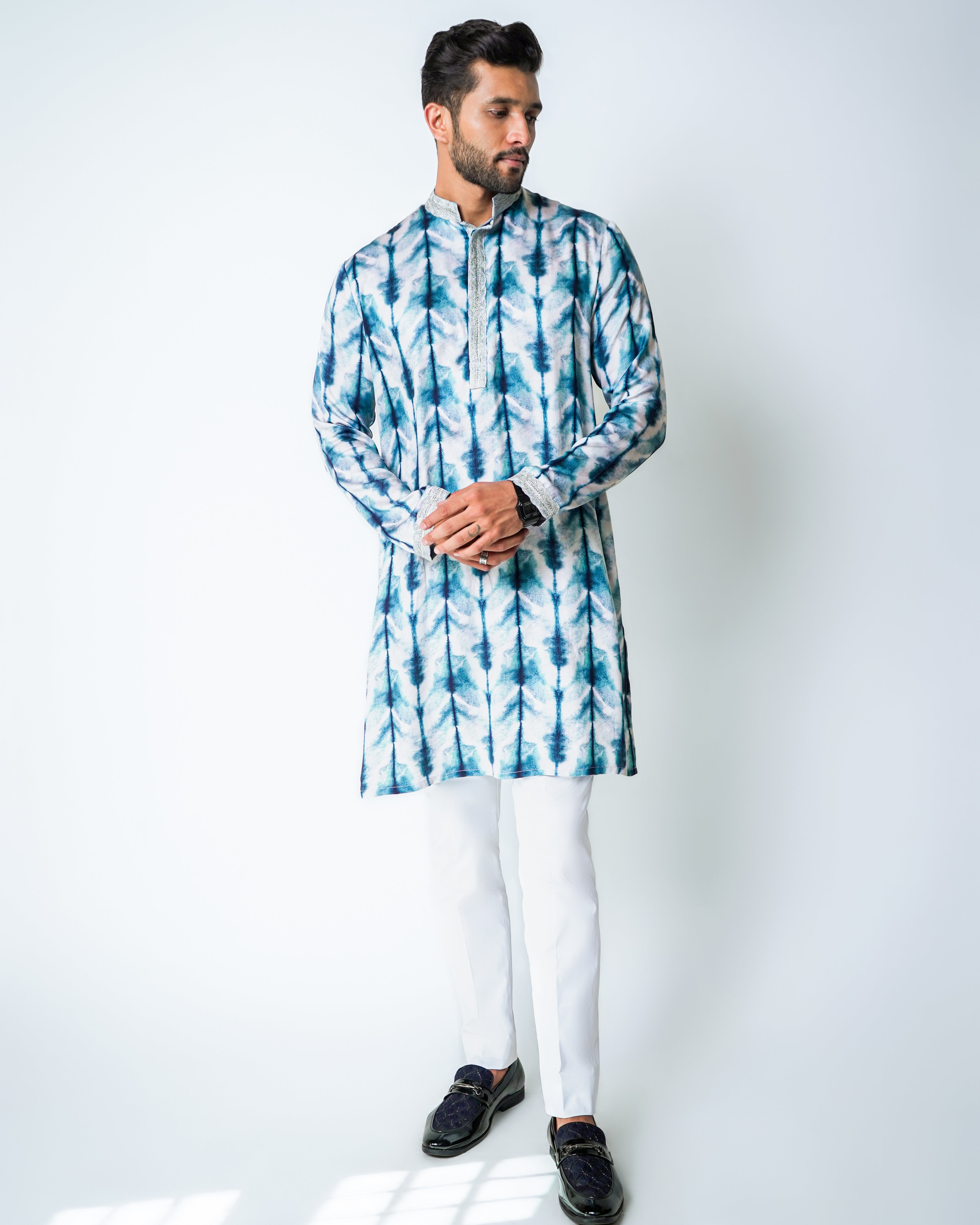 White and blue printed tencel kurta set with Silver Lace detailing