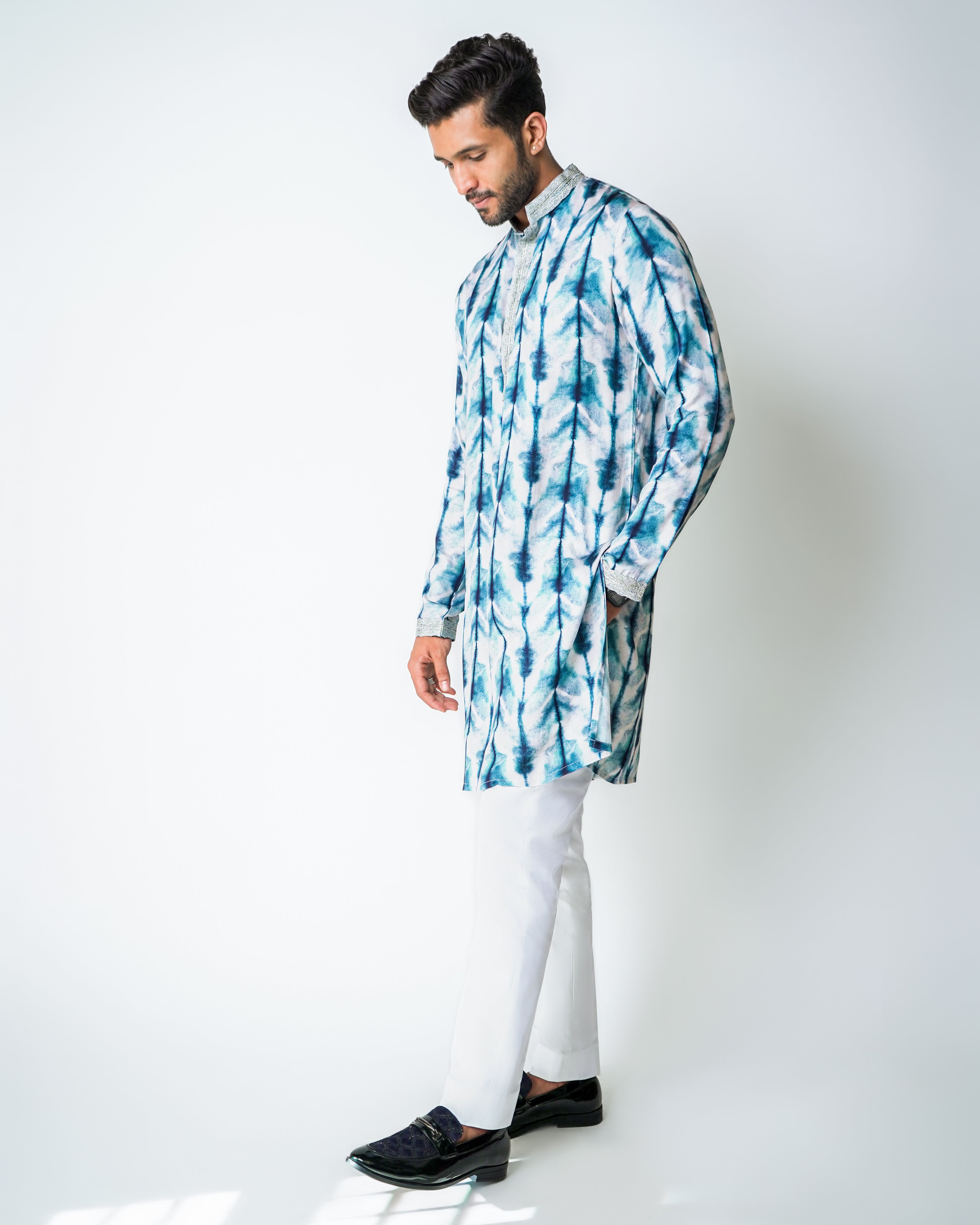 White and blue printed tencel kurta set with Silver Lace detailing