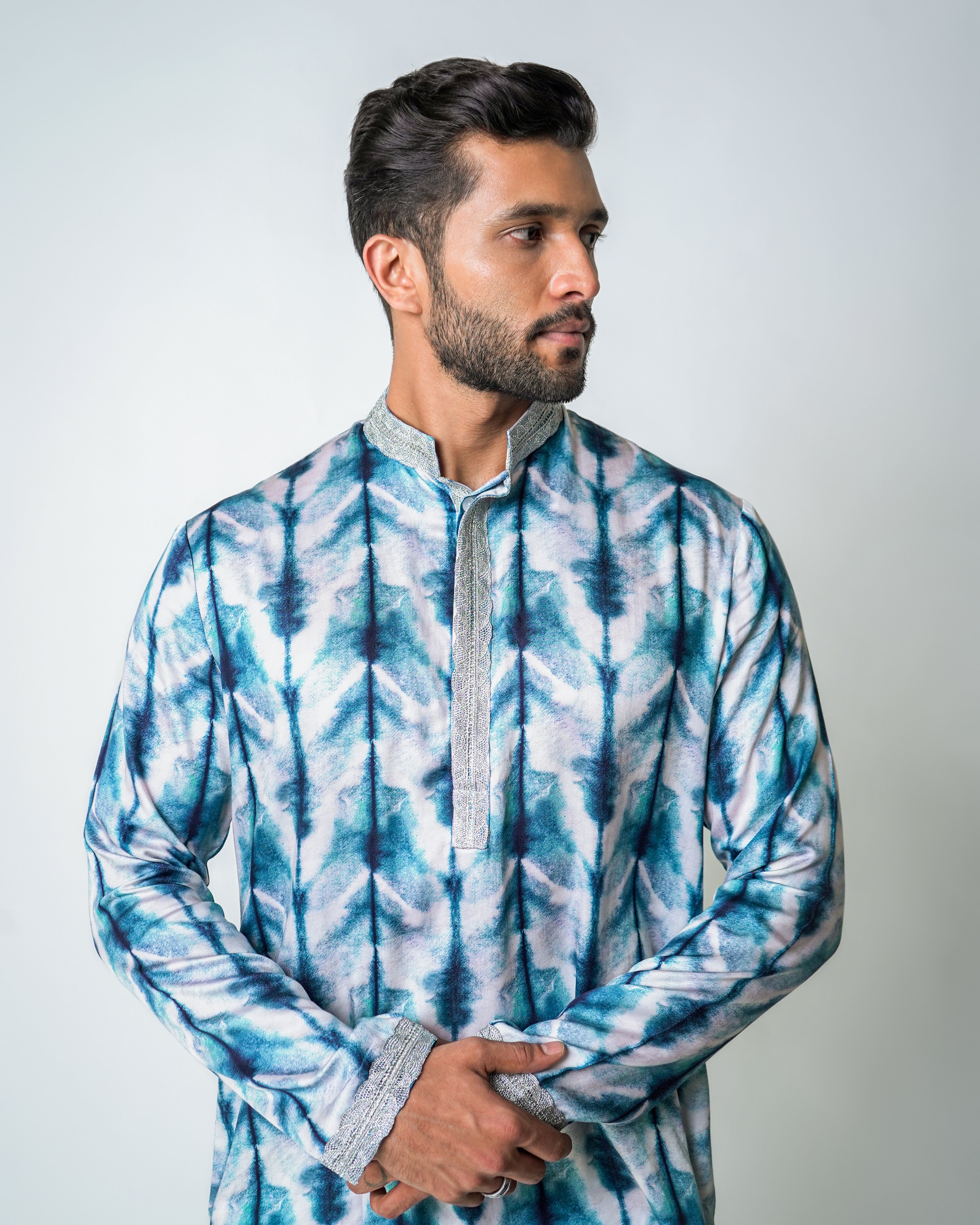 White and blue printed tencel kurta set with Silver Lace detailing