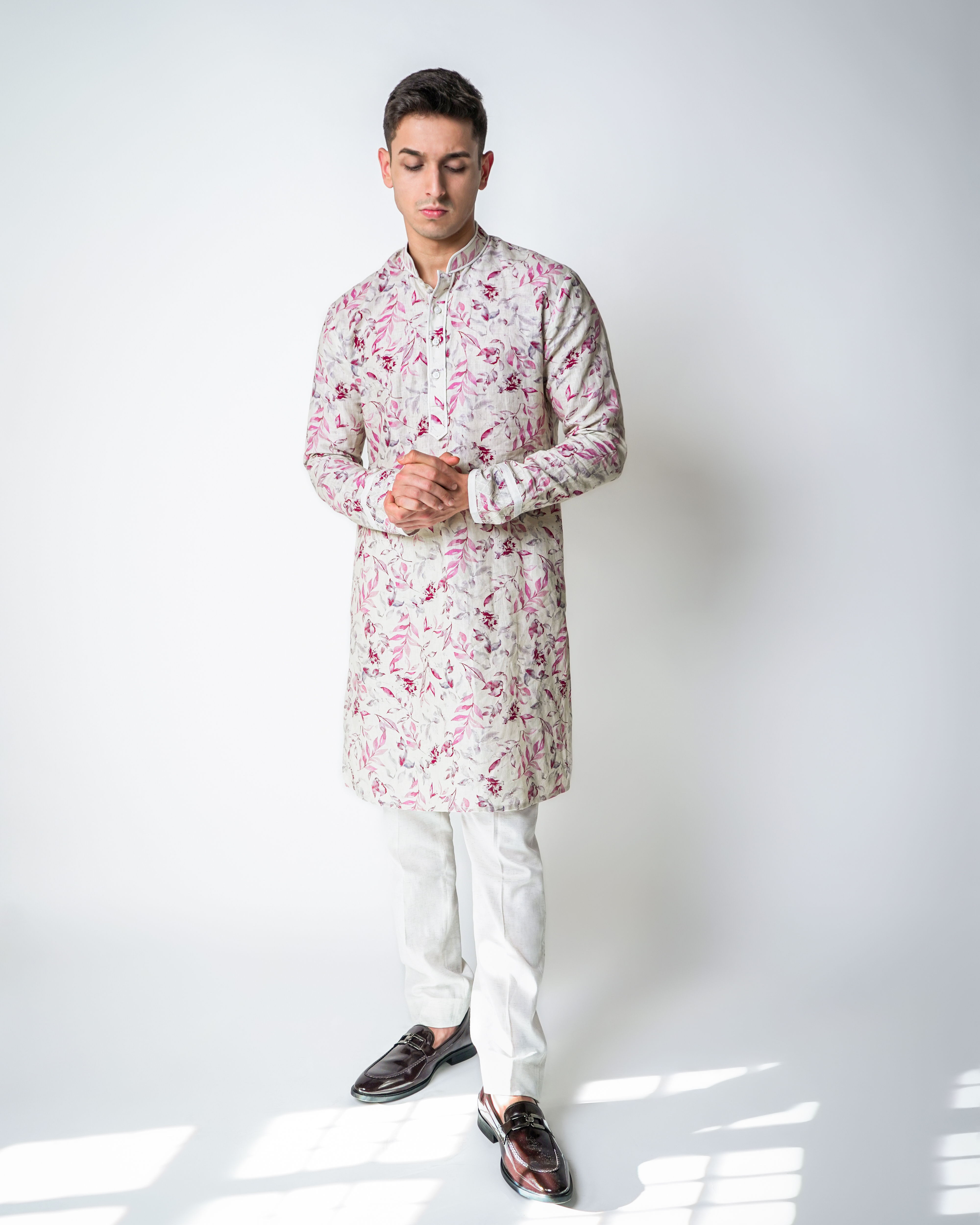 Cream floral printed linen quilted with piping kurta set