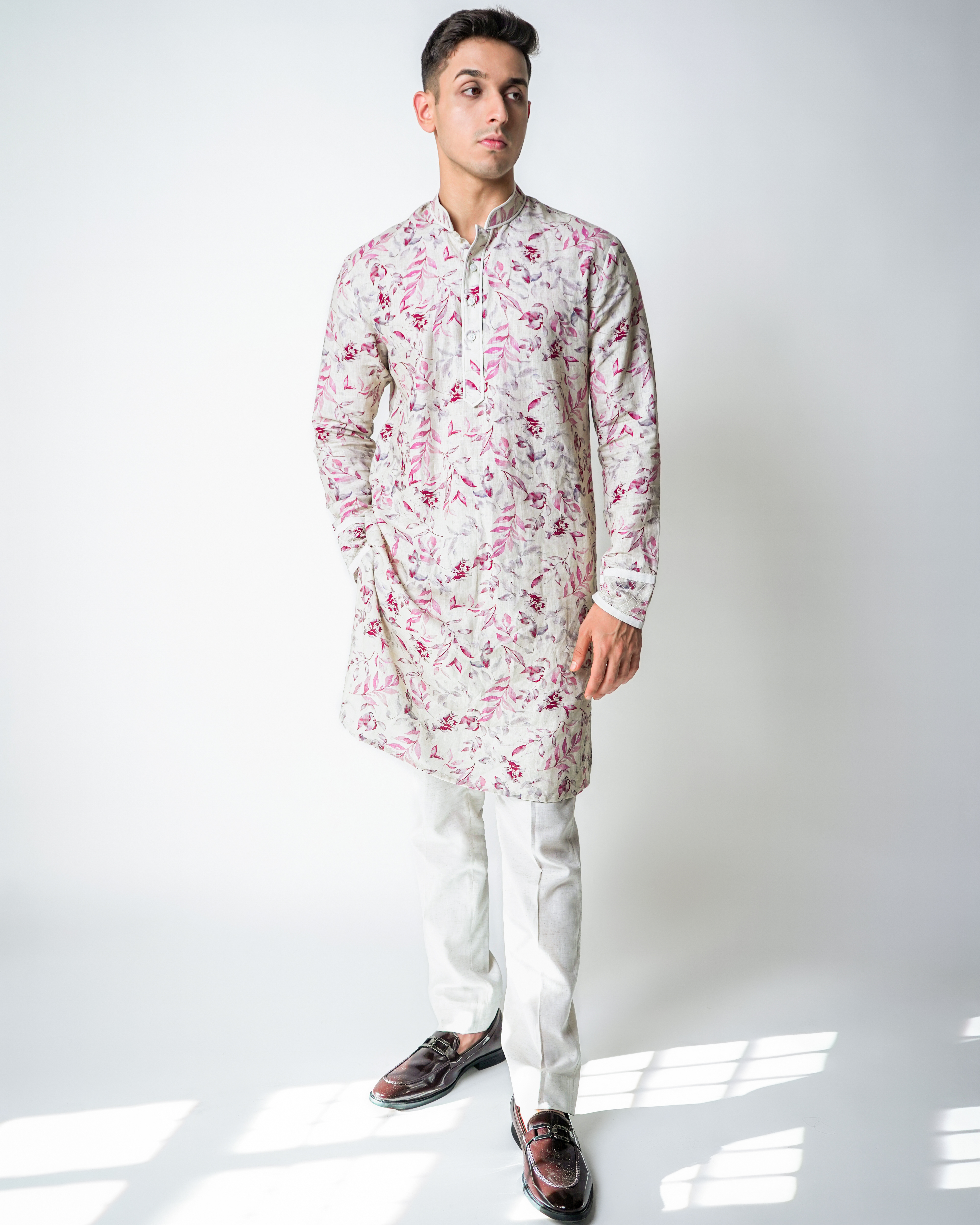 Cream floral printed linen quilted with piping kurta set